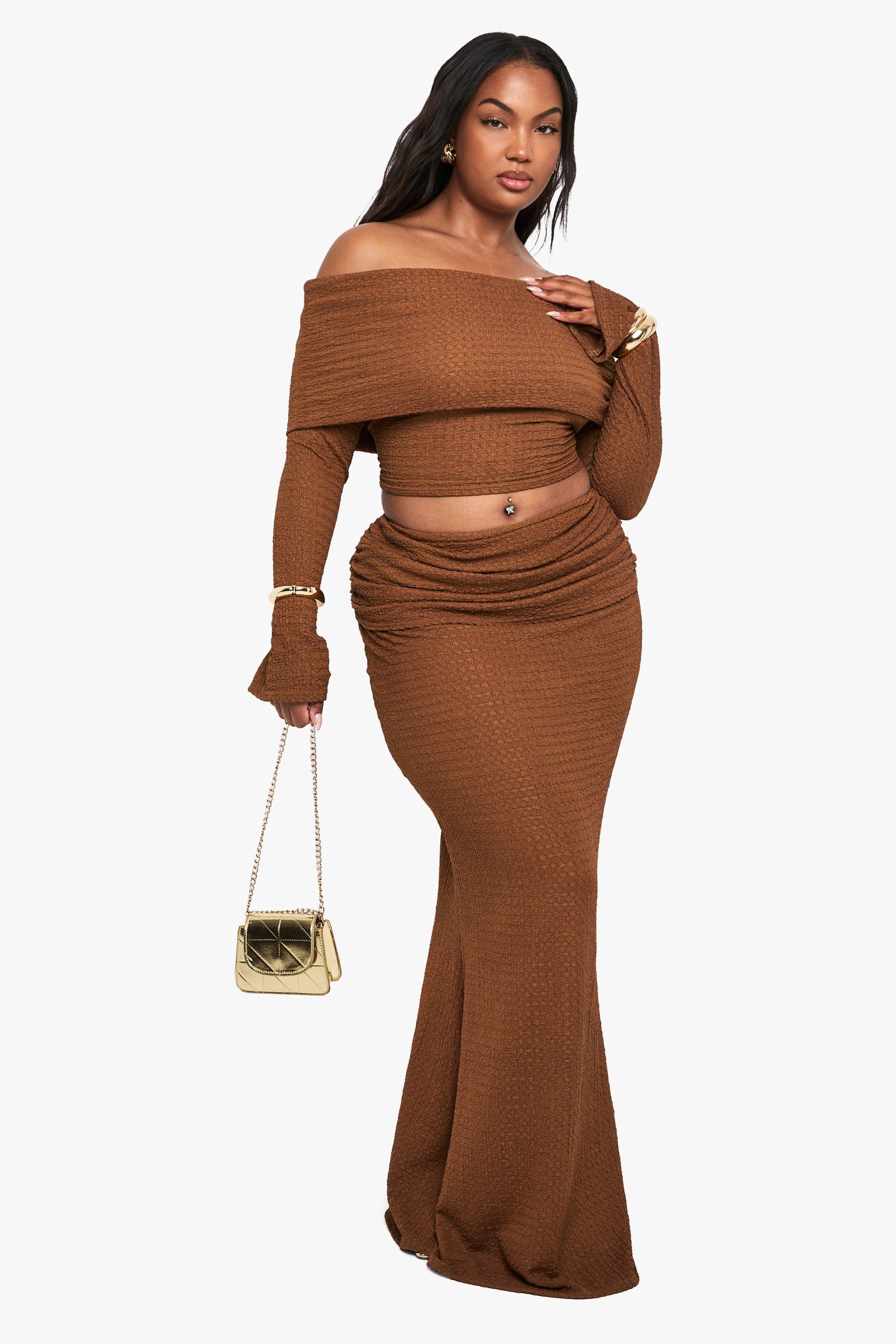 Boohoo Plus Crinkle Fold Over Maxi Skirt, Tan