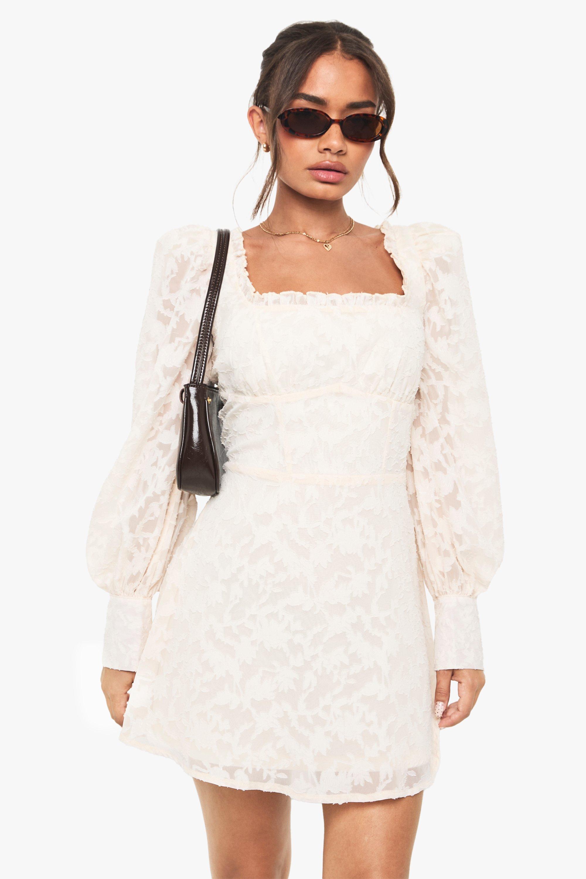 Image of Miniabito stile Milkmaid stile corsetto con trama, Bianco