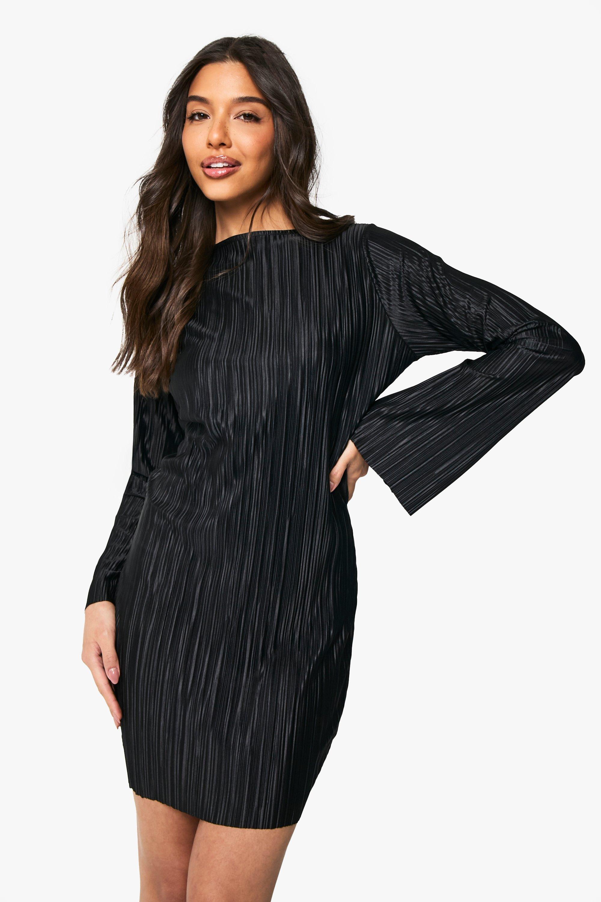 Boohoo Plisse Flared Long Sleeve Mini Dress, Black