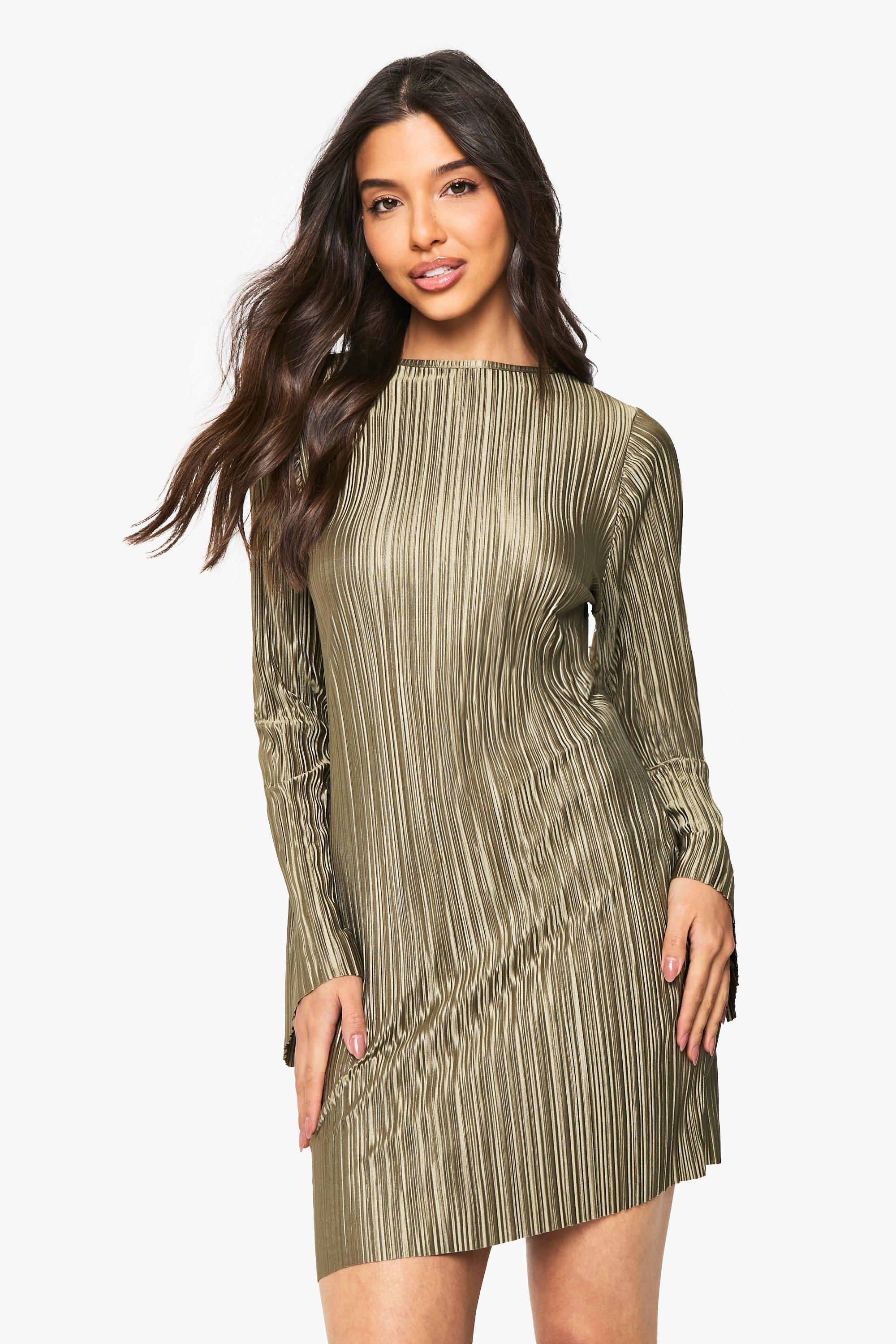 Boohoo Plisse Flared Long Sleeve Mini Dress, Olive
