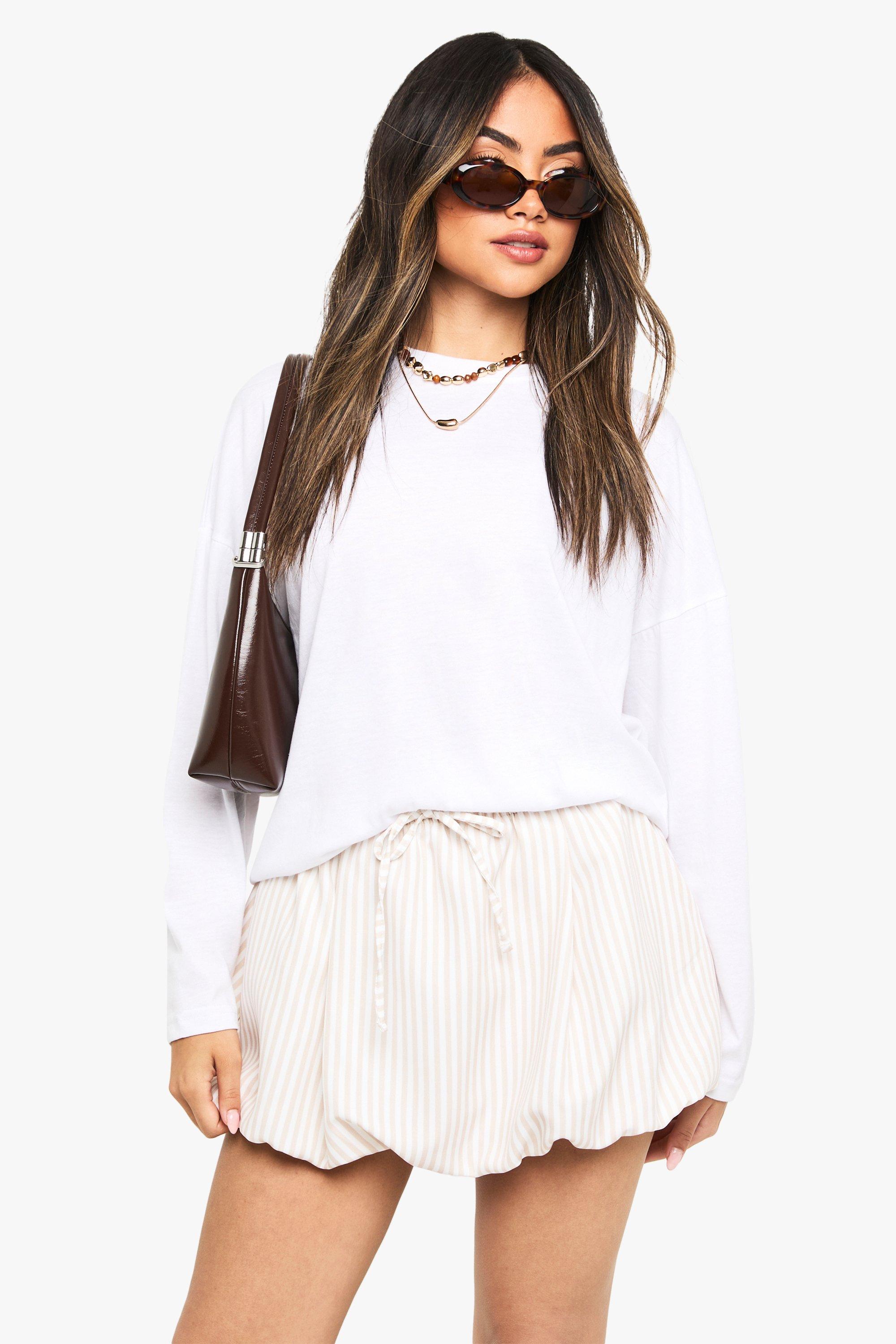 Boohoo Stripe Woven Puffball Mini Skirt, Stone