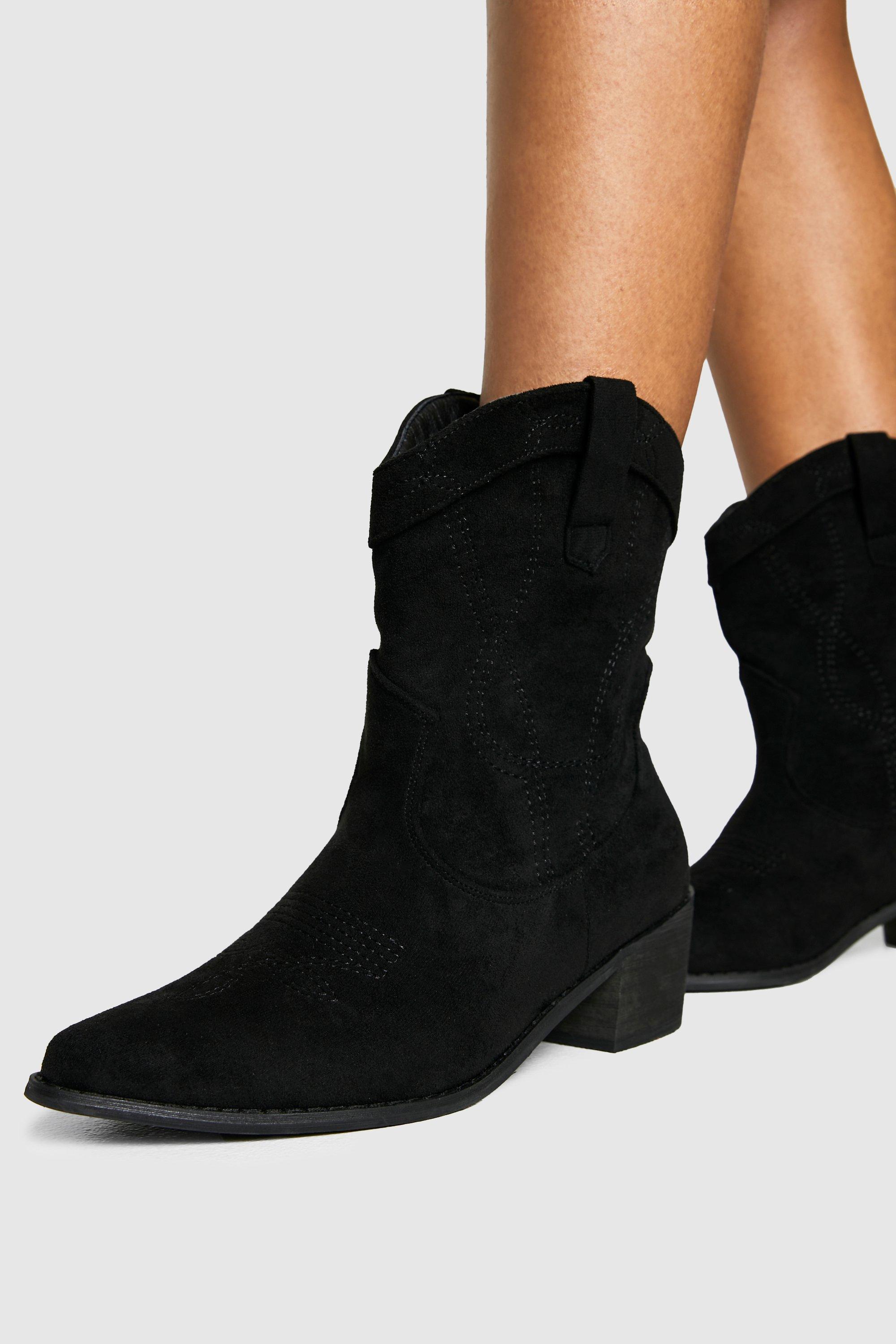 Image of Wide Fit Faux Suede Stitch Detail Ankle Western Cowboy Boots, Nero