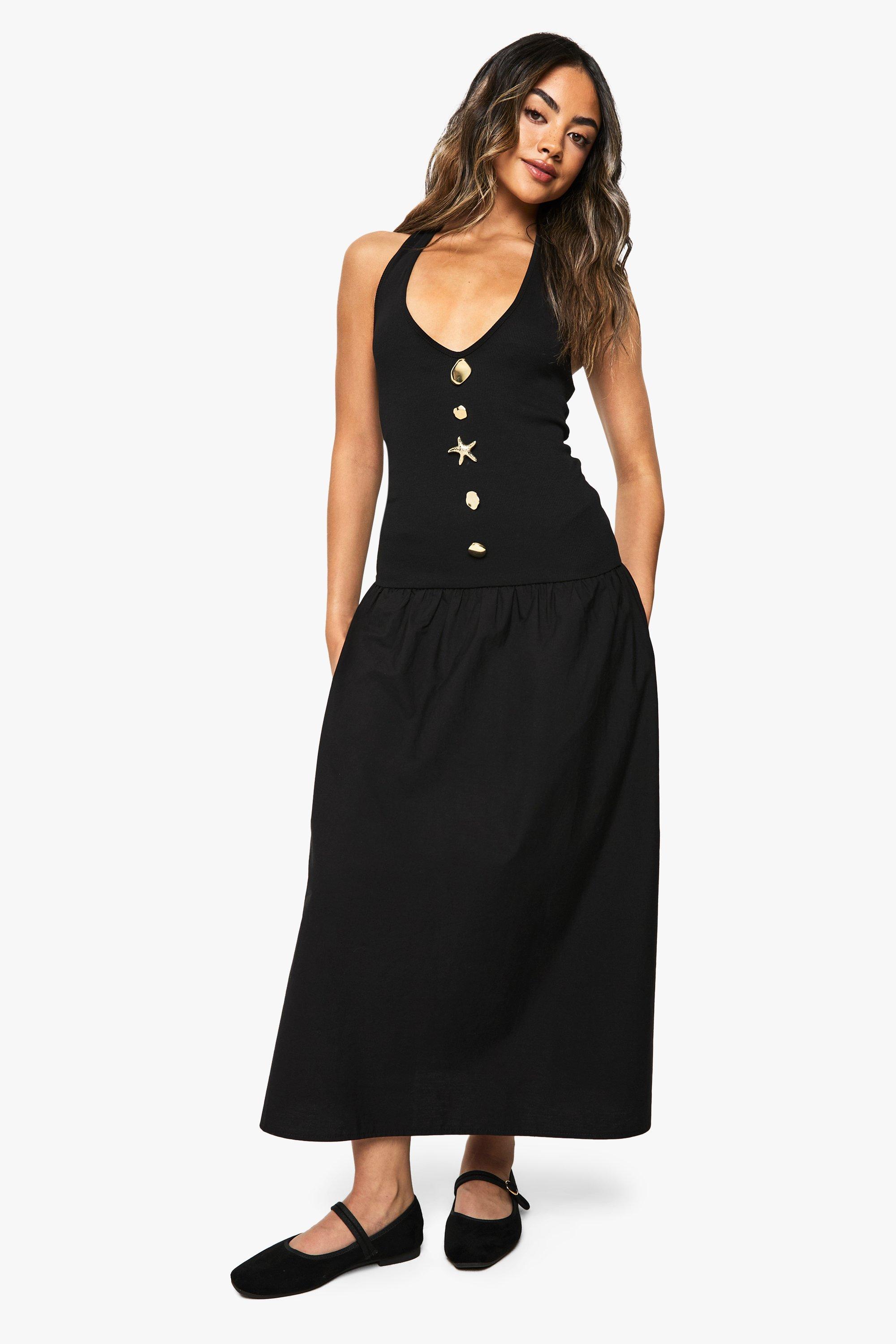 Boohoo Starfish Gold Trim Rib Poplin Mix Midaxi Dress, Black