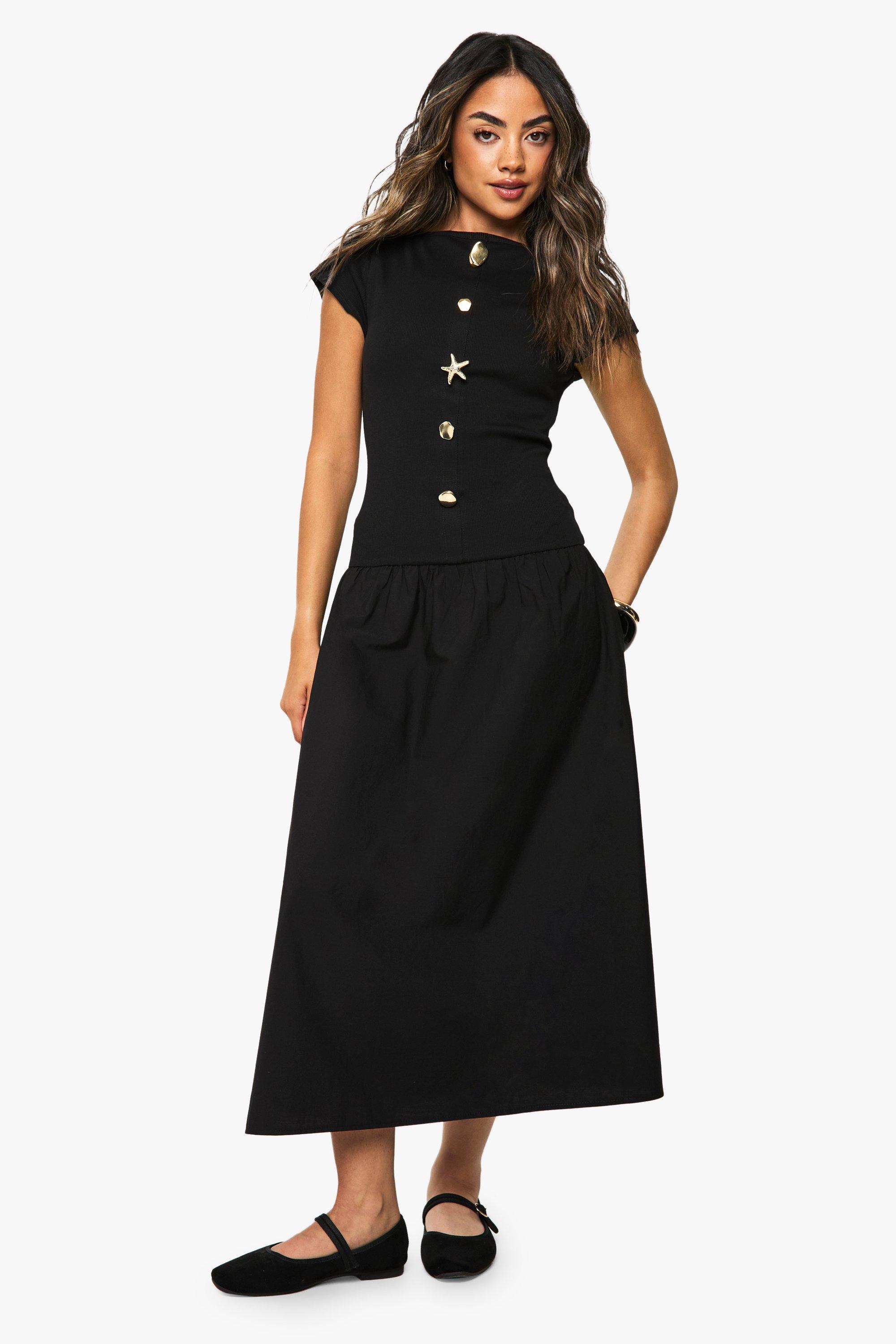 Boohoo Gold Trim Rib Poplin Mix Midaxi Dress, Black