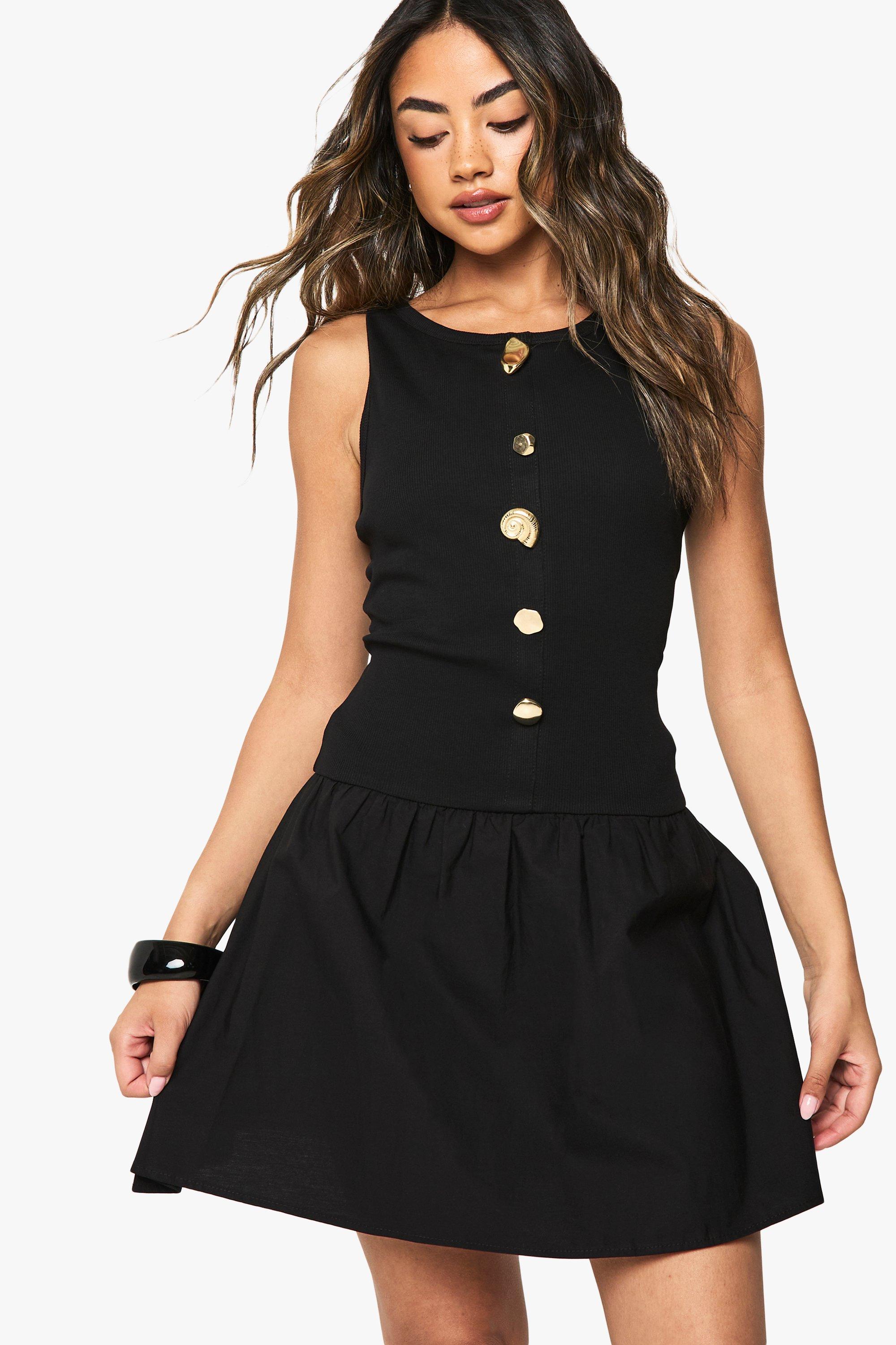 Boohoo Gold Trim Rib Poplin Mix Mini Dress, Black