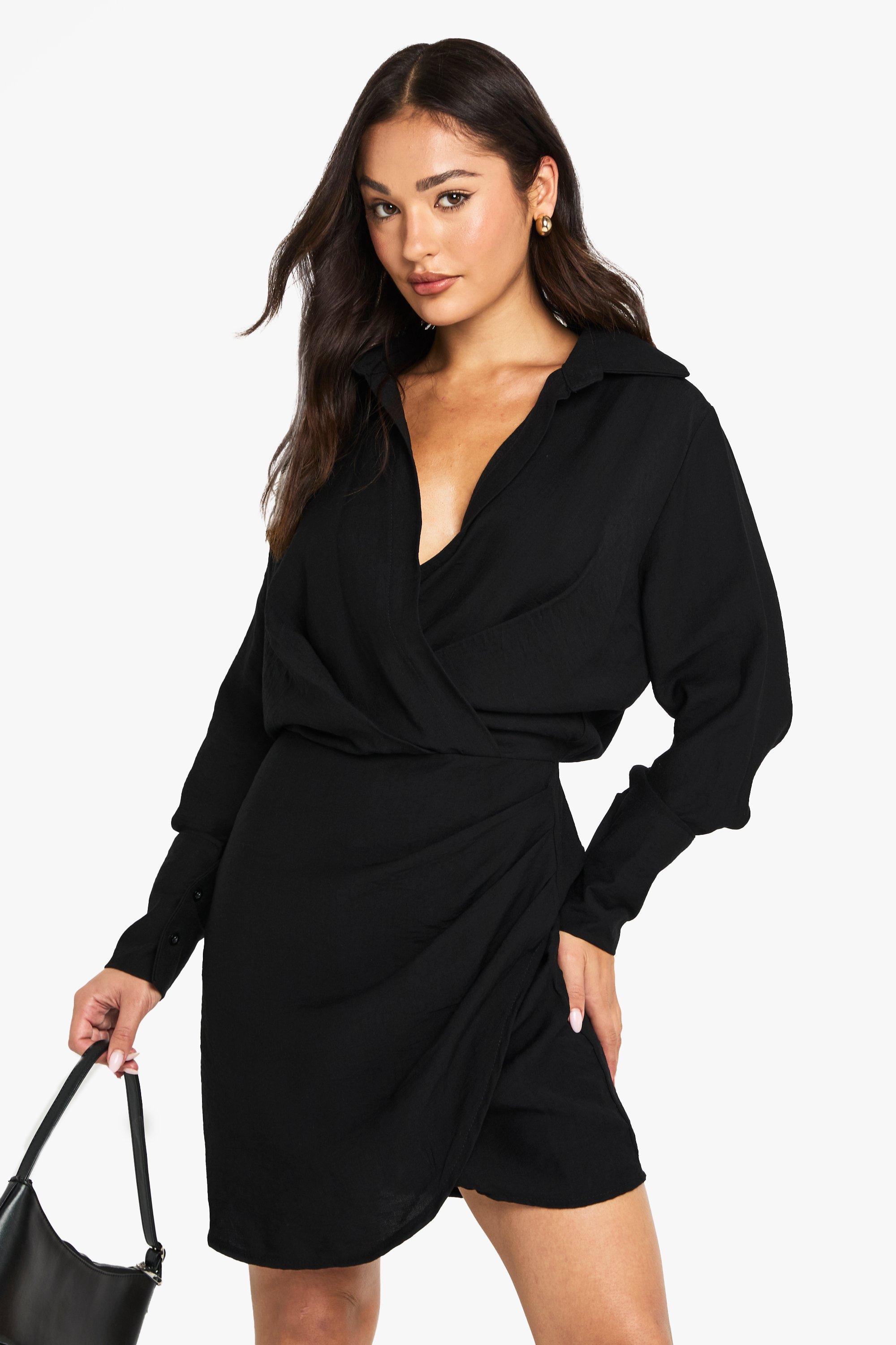 Boohoo Tall Collared Wrap Shirt Dress, Black