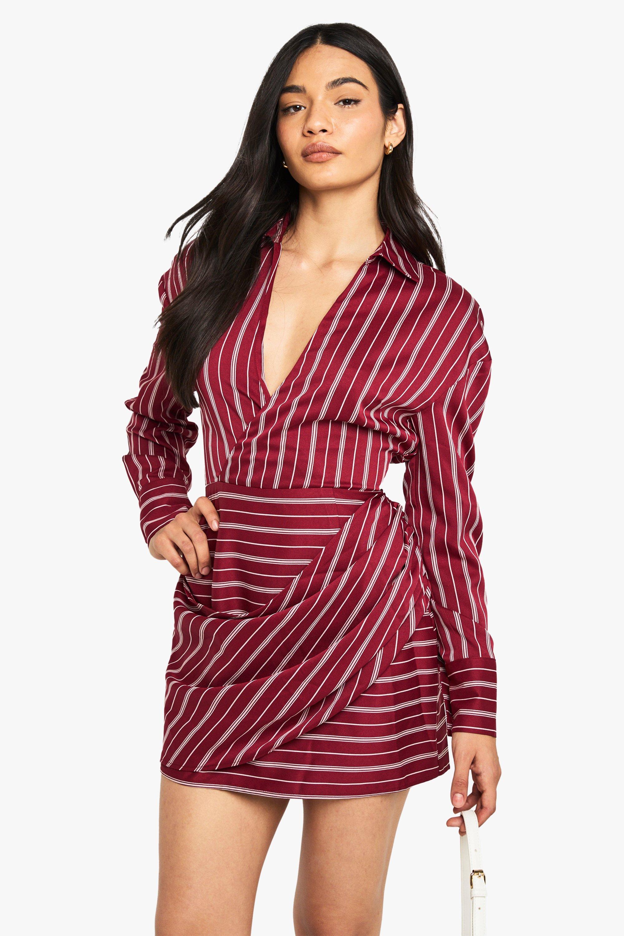 Boohoo Stripe Wrap Shirt Dress, Red
