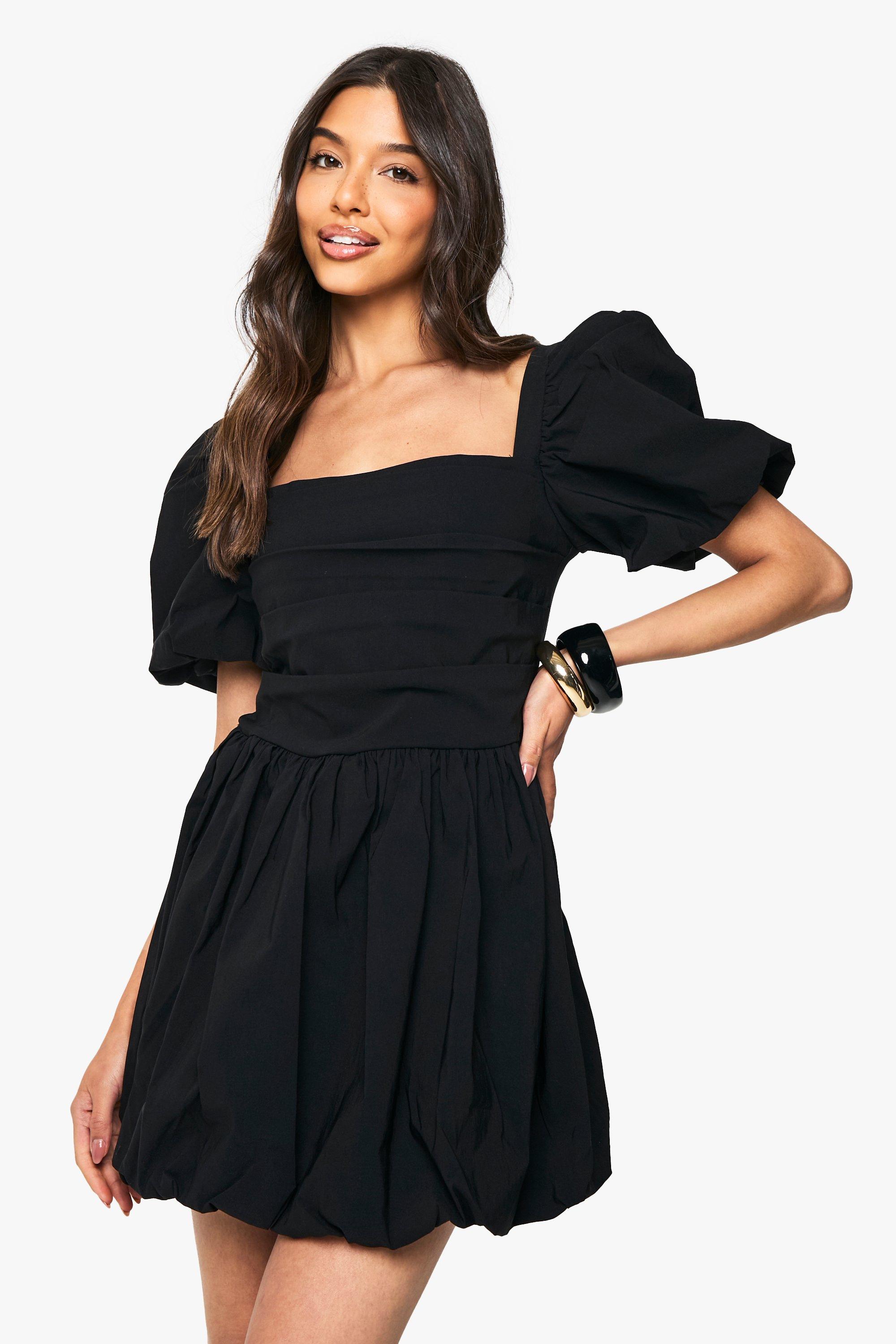 Boohoo Puff Sleeve Square Neck Ruched Skater Dress, Black