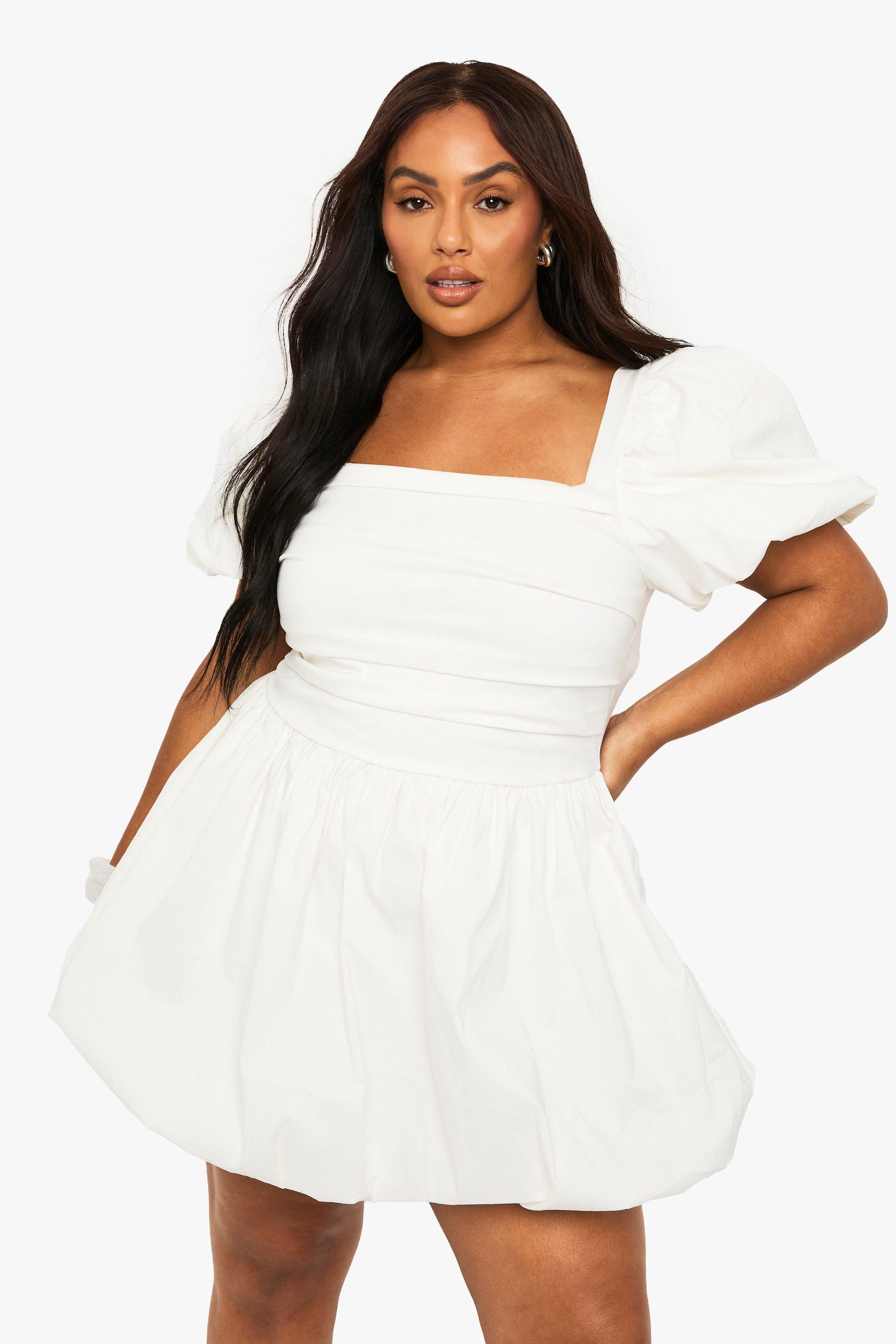 Boohoo Plus Puff Sleeve Puffball Dress, White