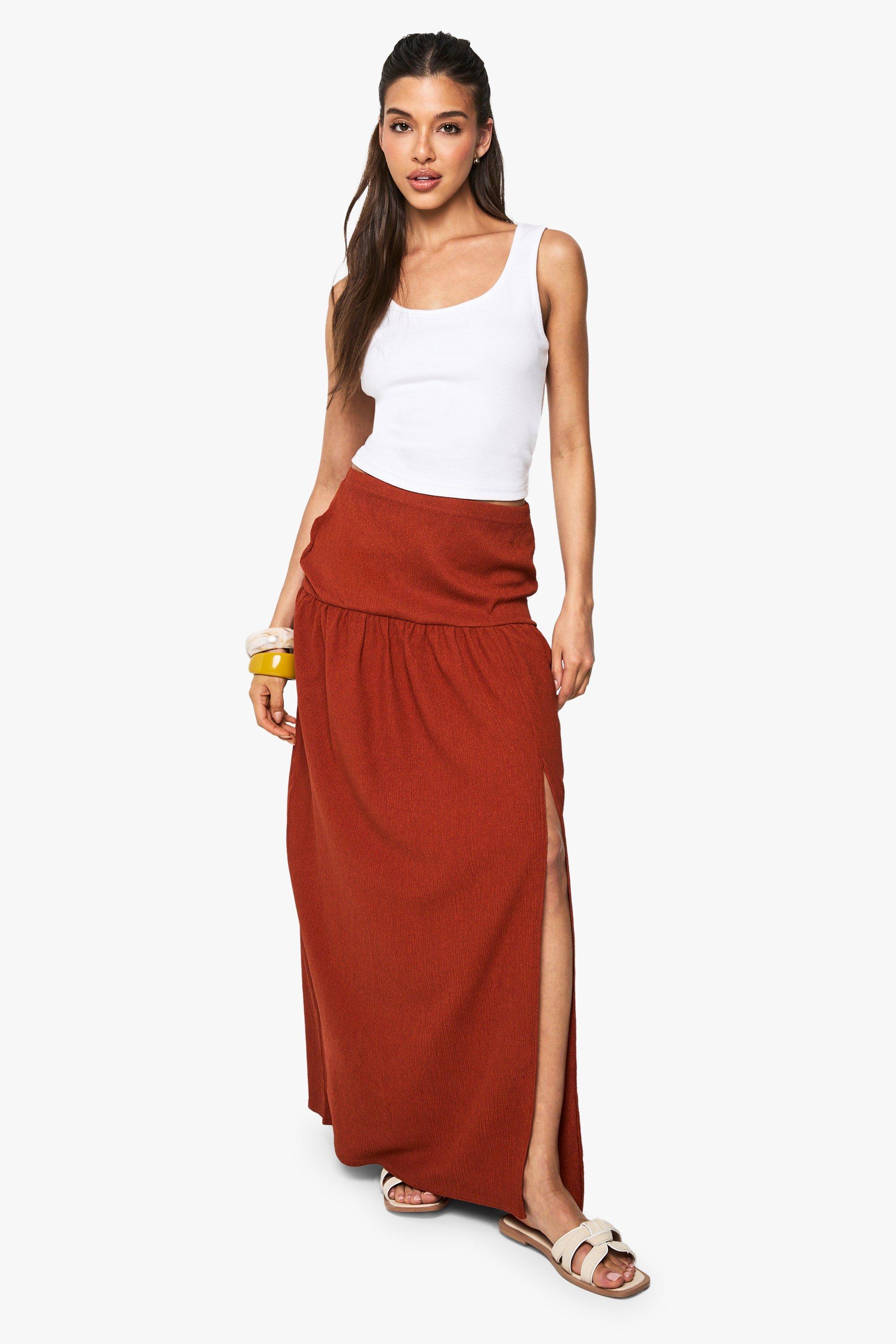 Image of Textured Split Front Tiered Maxi Skirt, Arancio