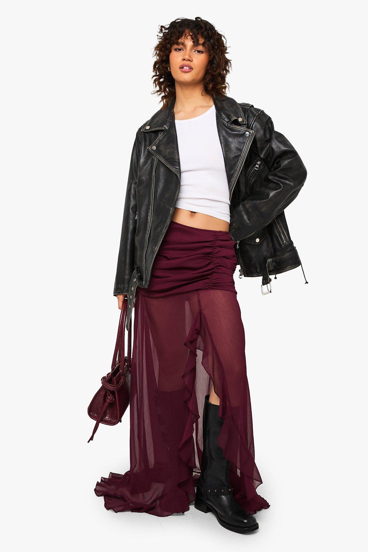 Image of Chiffon Ruffle Split Leg Maxi Skirt, Rosso