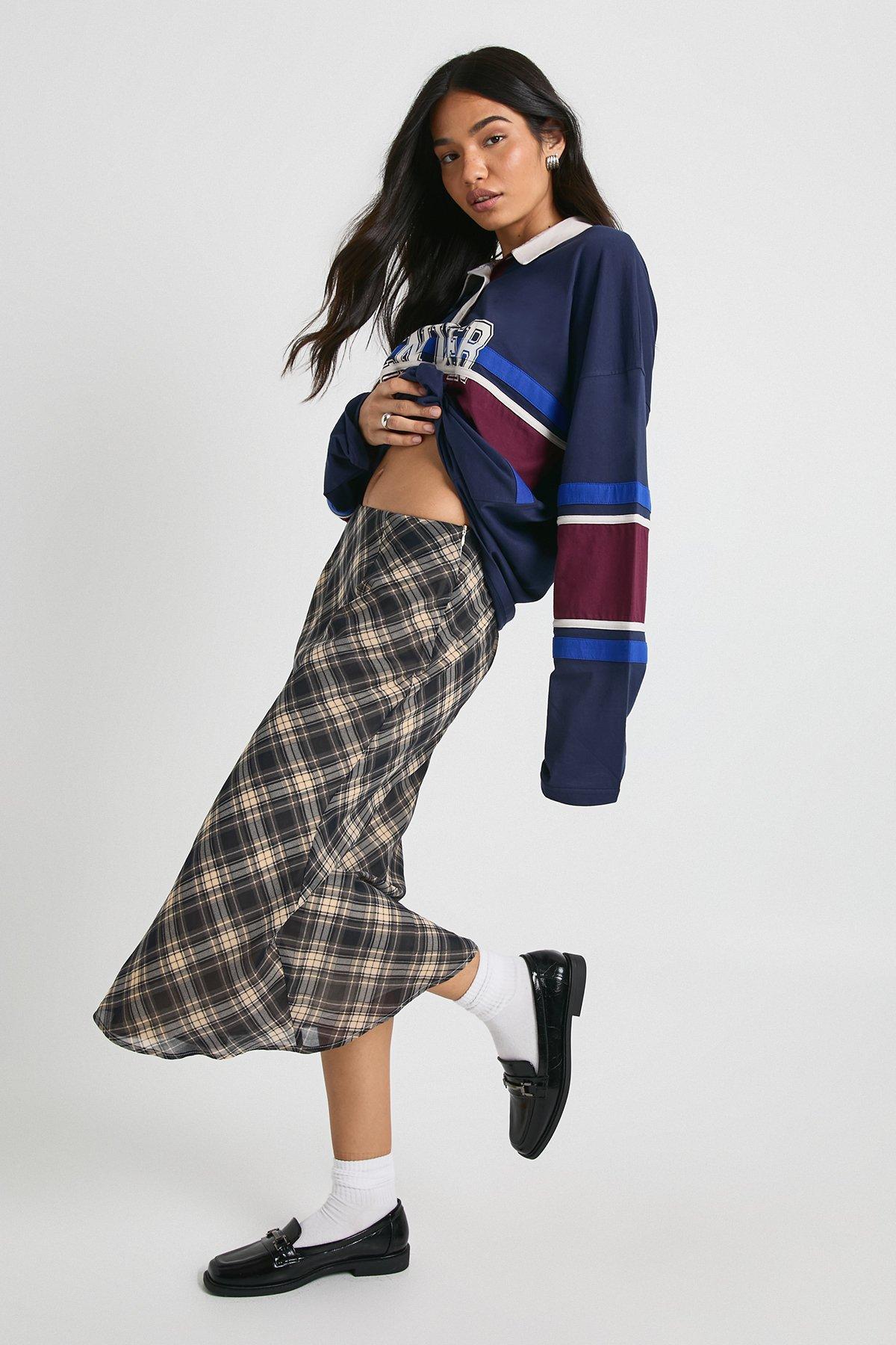 Image of Check Print Floaty Hem Maxi Skirt, Navy