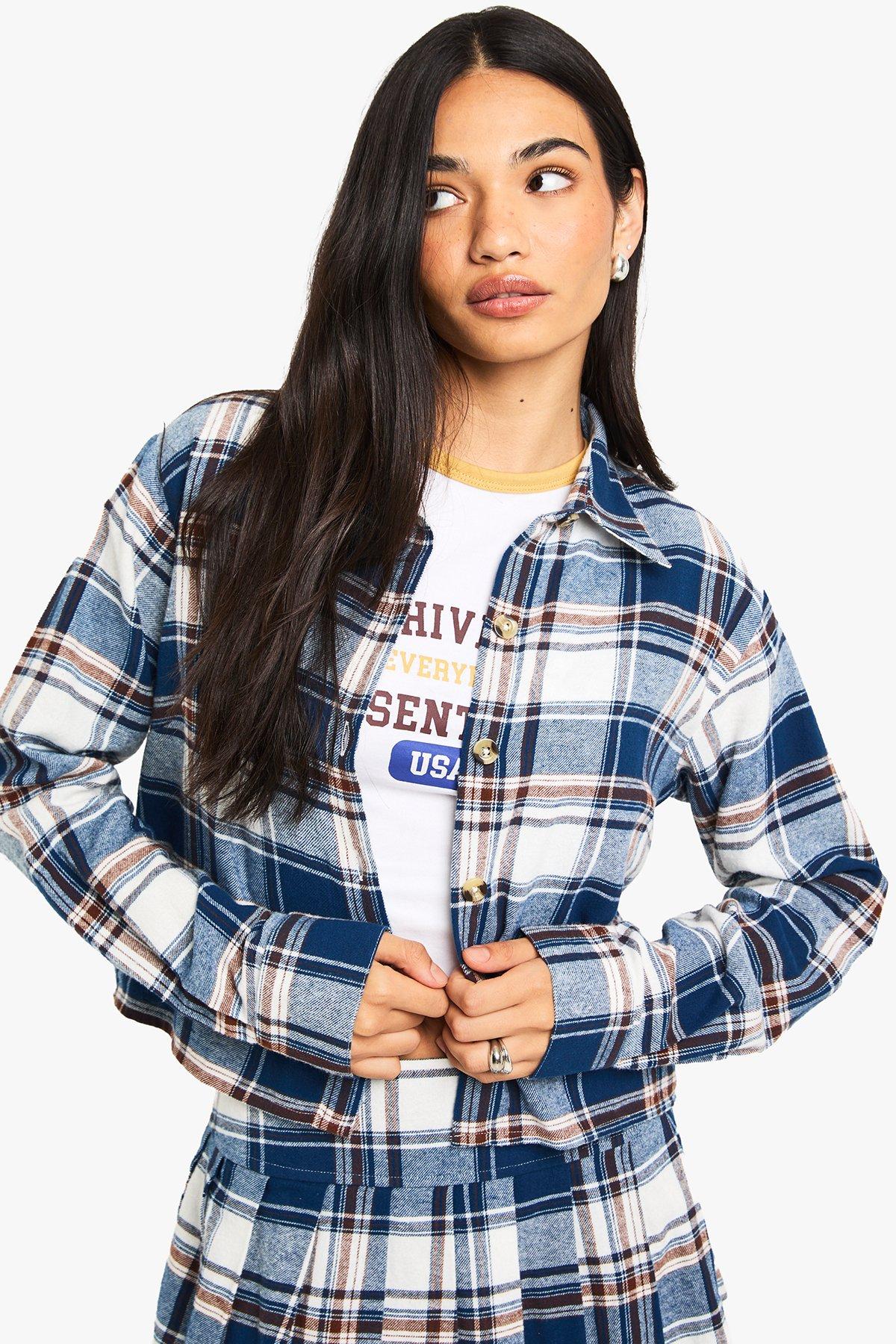 Image of Check Print Longline Boxy Crop Shirt, Navy