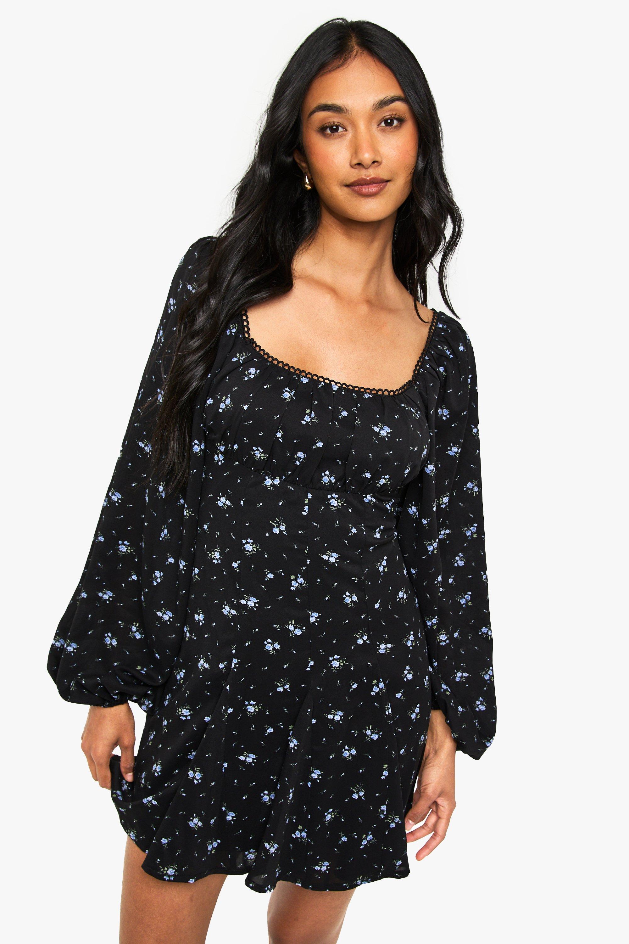 Boohoo Floral Milkmaid Godet Hem Long Sleeve Mini Dress, Black