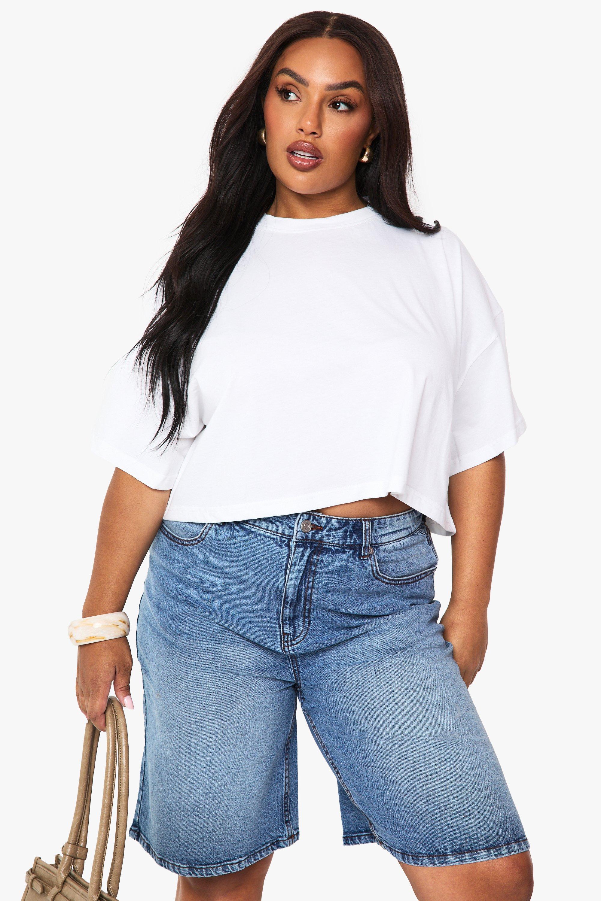 Image of Boohoo Basics Plus Boxy Crop T-Shirt, Bianco