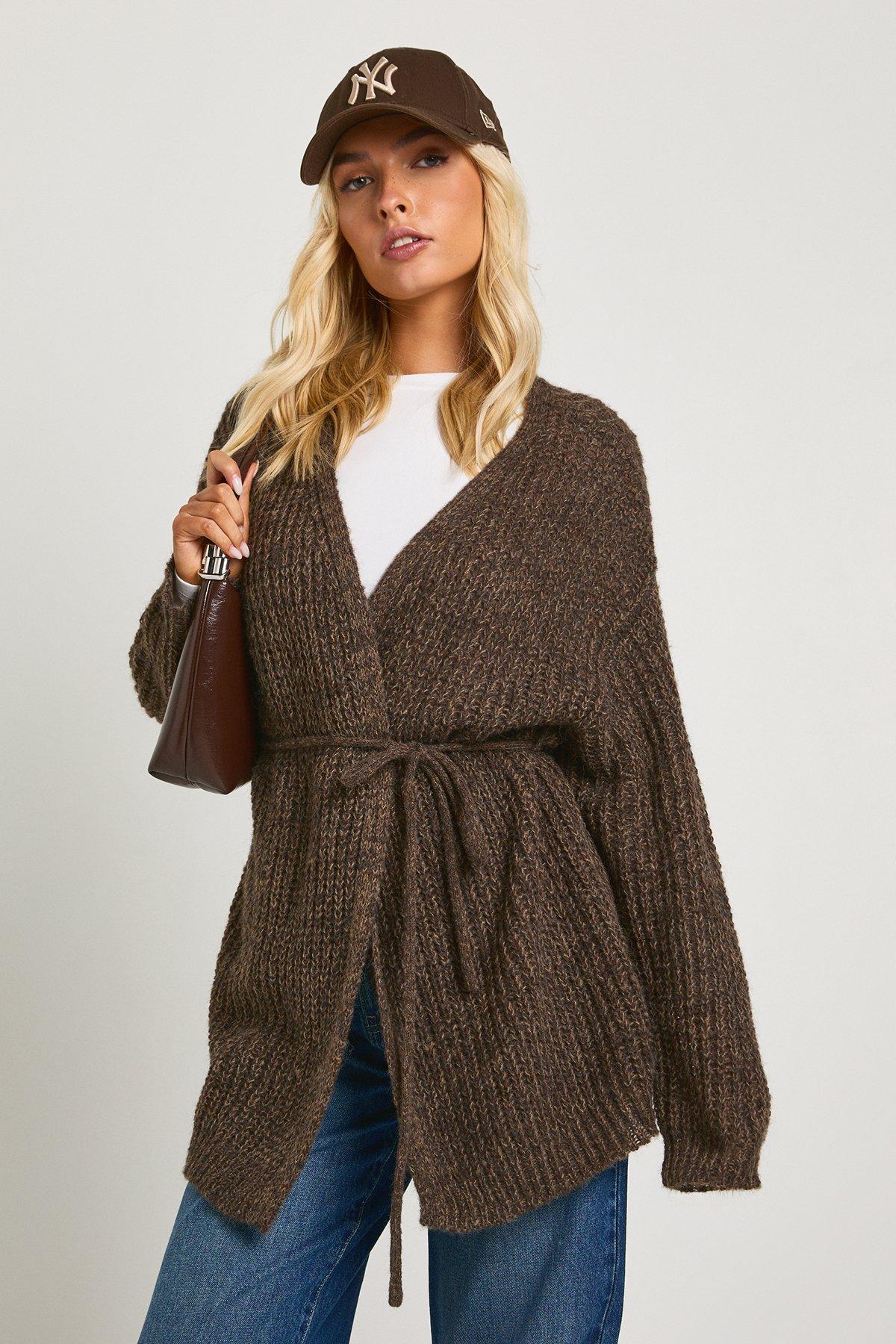 Image of Soft Knit Tie Waist Oversized Boyfriend Cardigan, Brown