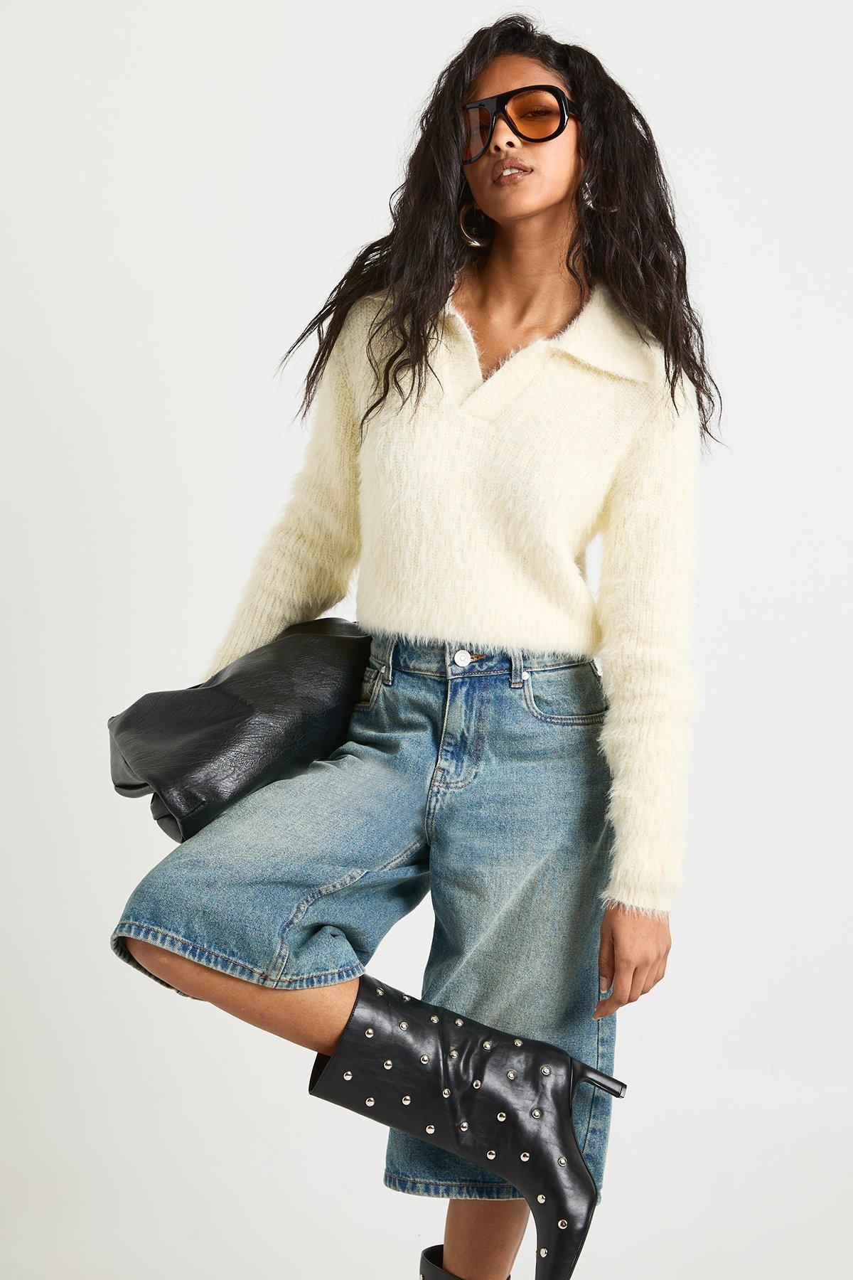 Image of Eyelash Knit Collar Detail Crop Jumper, Cream