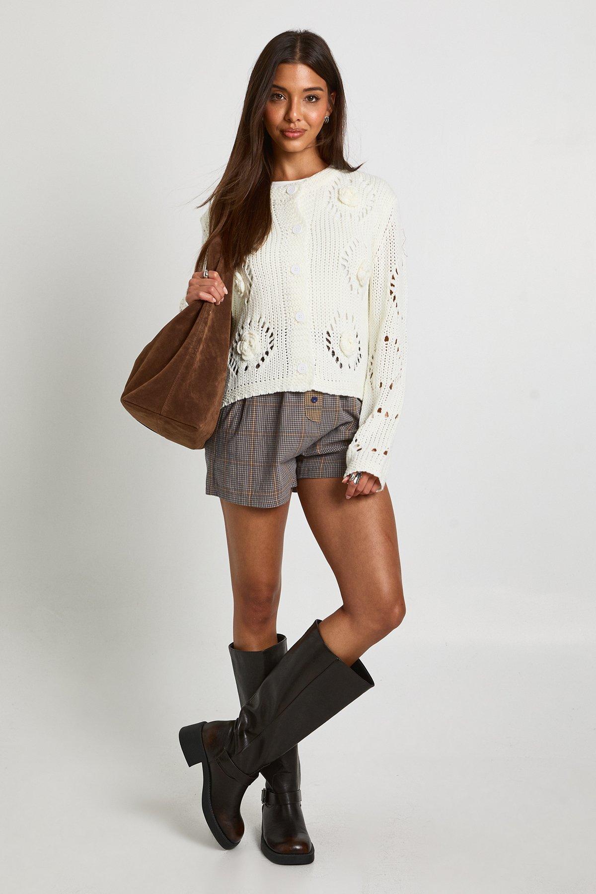 Image of Flower Applique Detail Fitted Knit Cardigan, Cream
