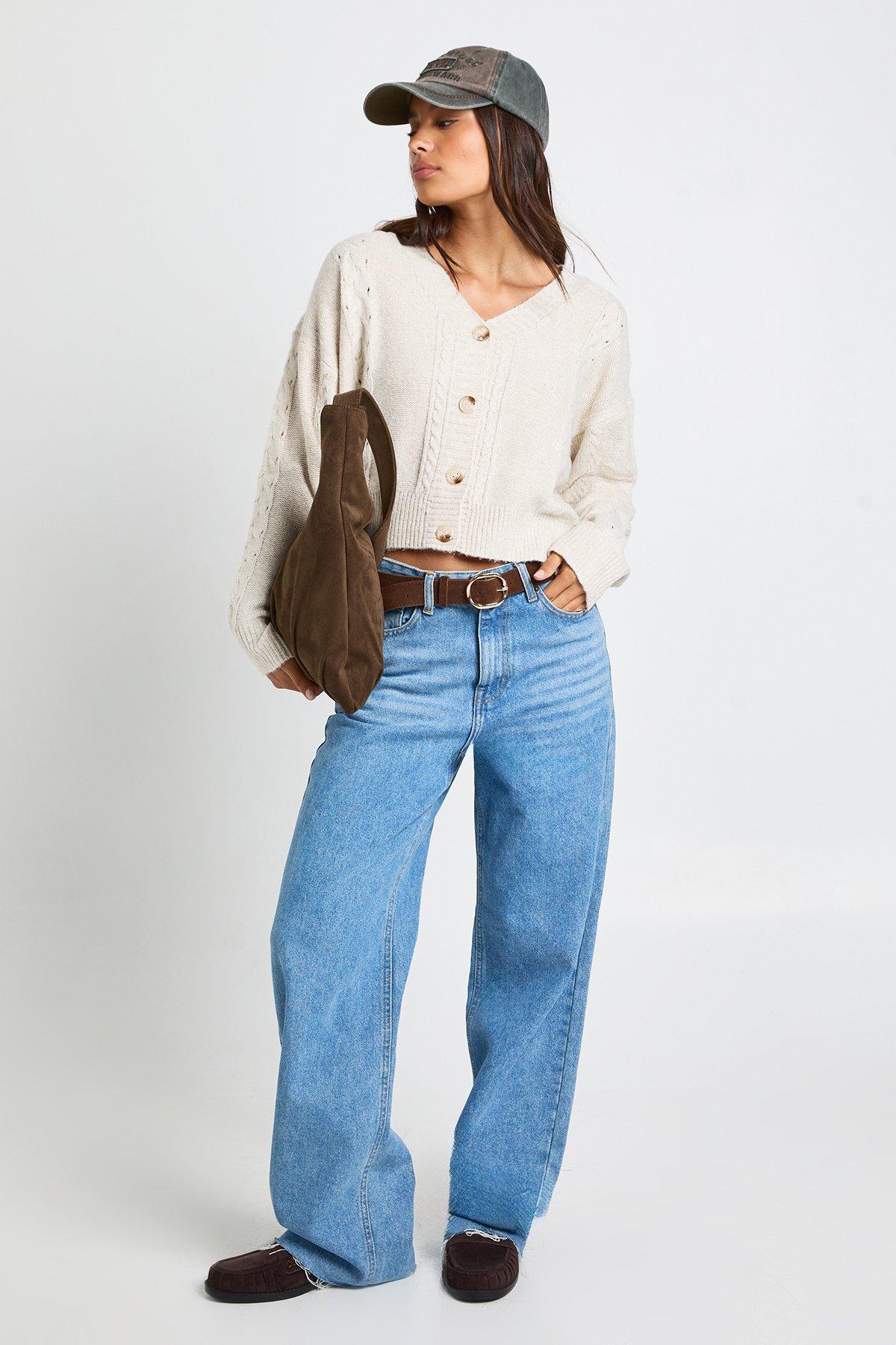Image of Cable Knit Boxy Crop Cardigan, Beige