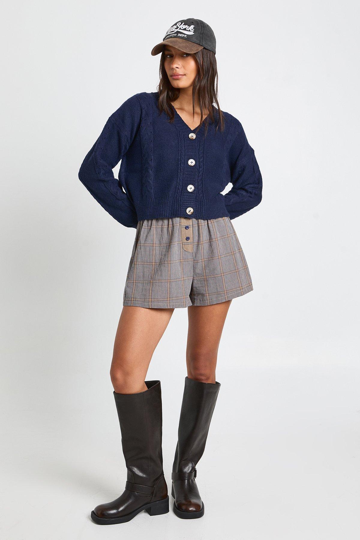 Image of Cable Knit Boxy Crop Cardigan, Navy