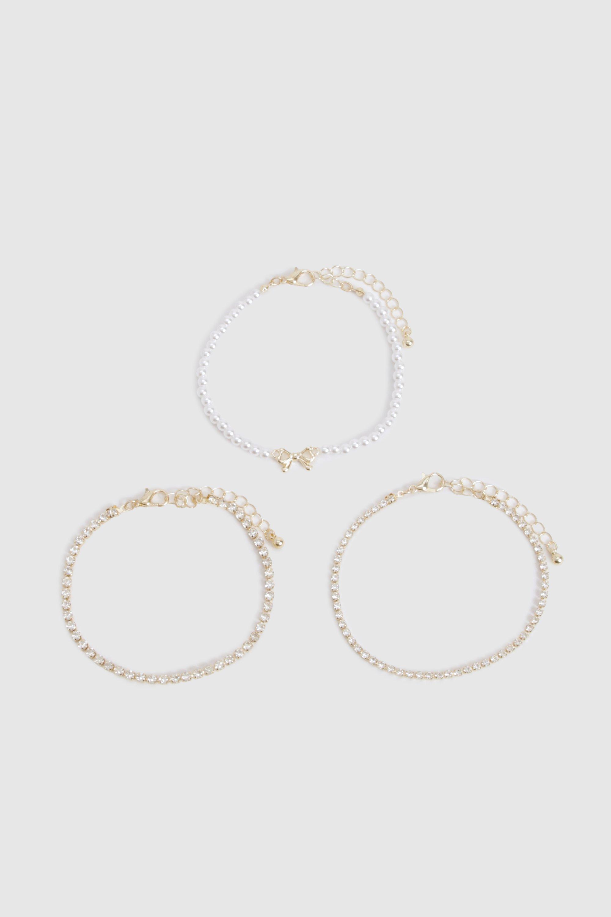 Image of Diamante Bow & Pearl Bracelet 3 Pack, Metallics