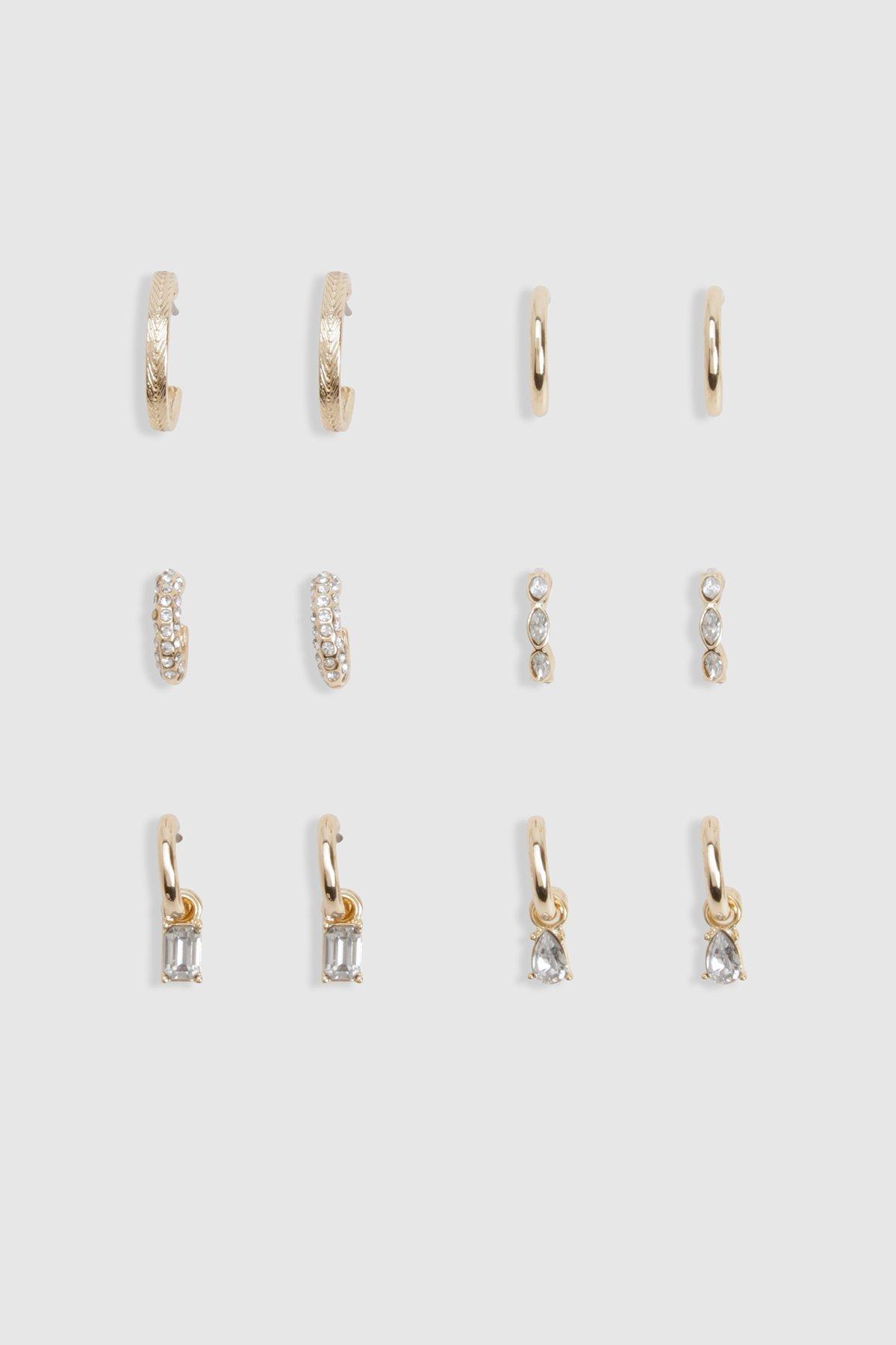 Image of Diamante Detail Hoop Earrings 6 Pack, Metallics