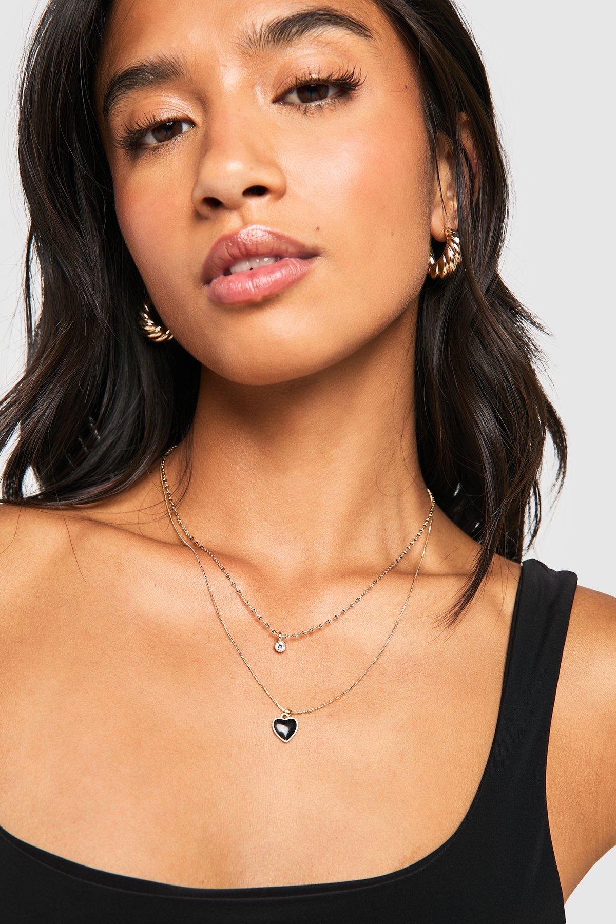 Image of Black Enamel Heart Layered Necklace, Metallics