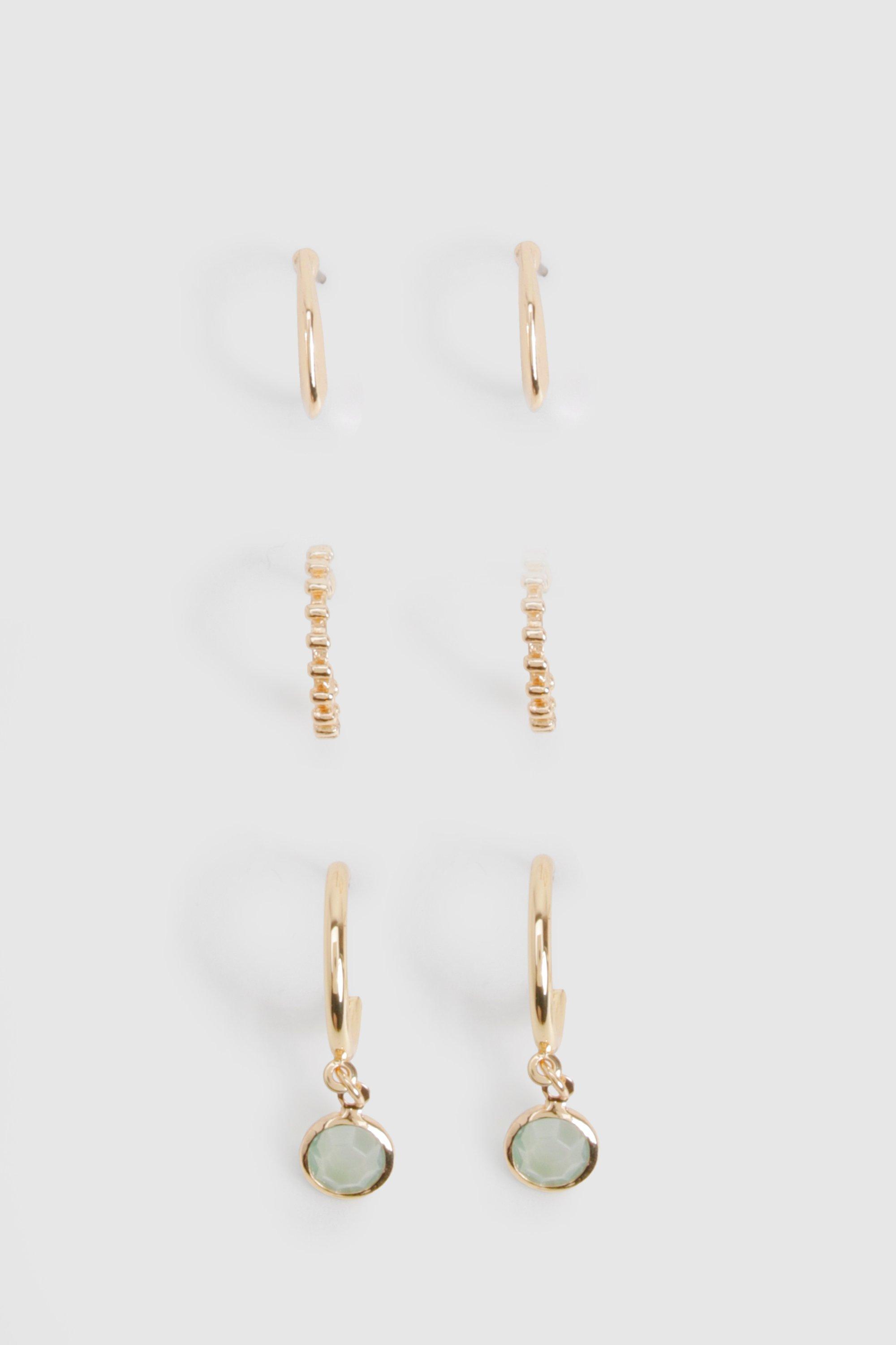 Image of Green Stone Hoop Earrings 3 Pack, Verde