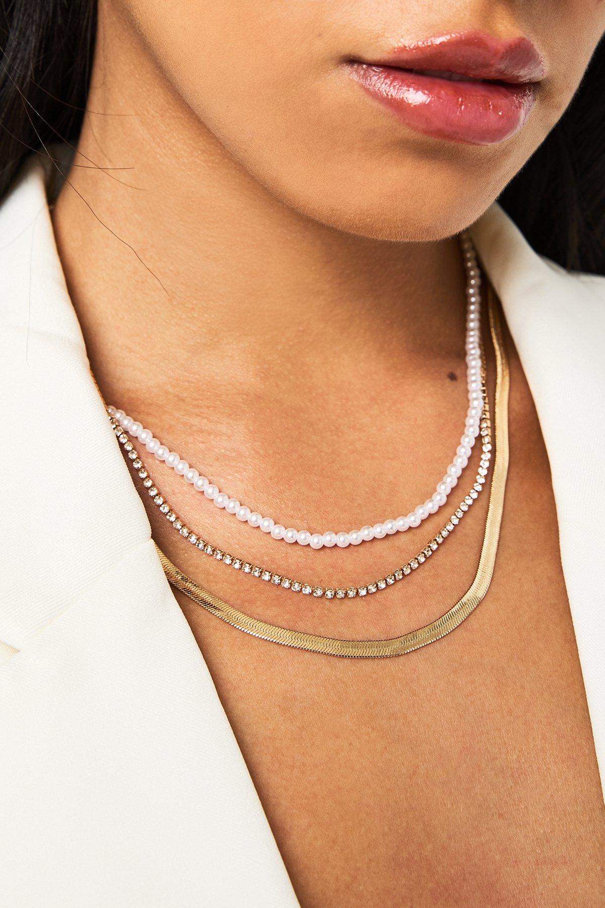 Image of Gold Pearl Layered Necklace, Metallics