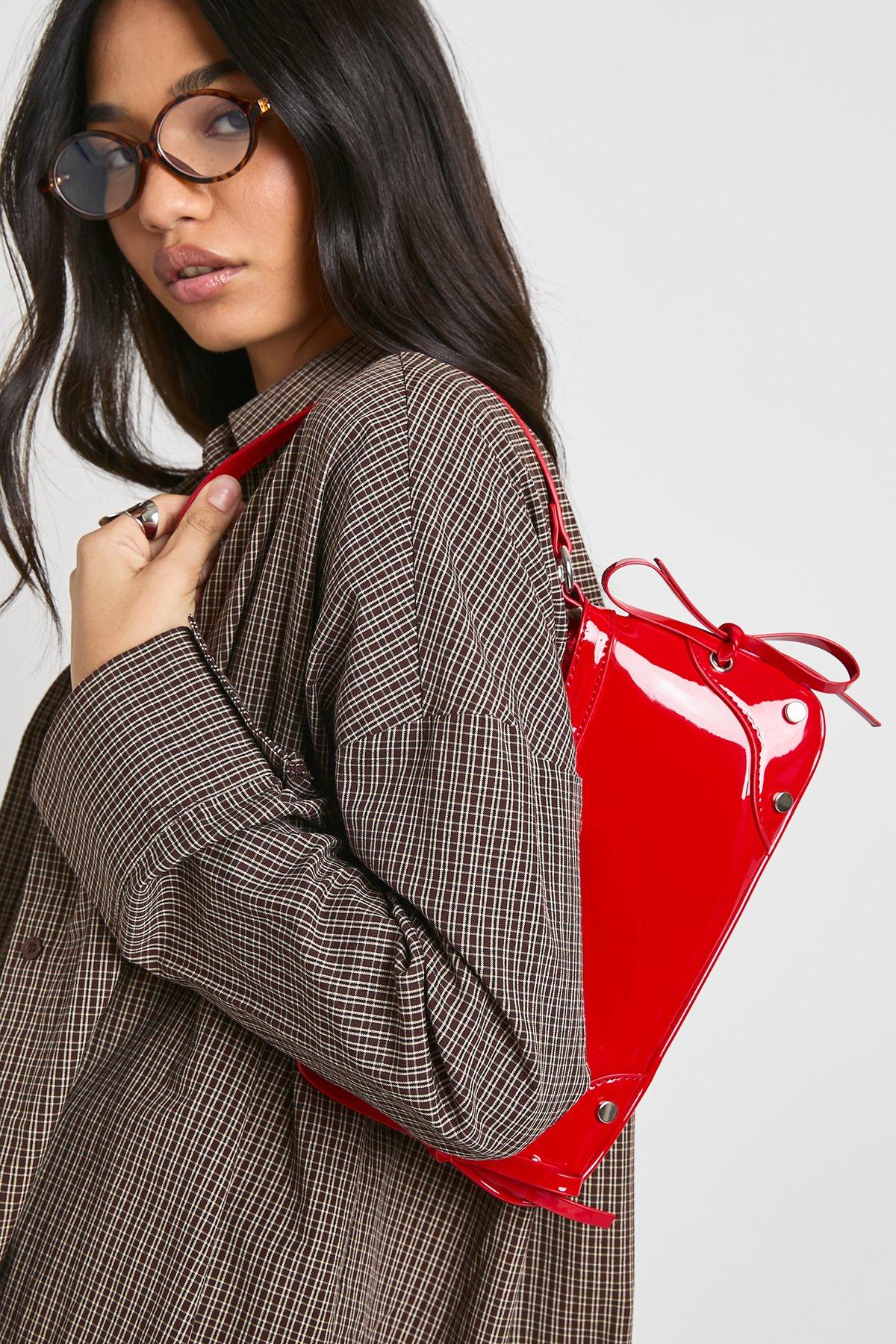 Image of Bow Detail Vinyl Shoulder Bag, Rosso