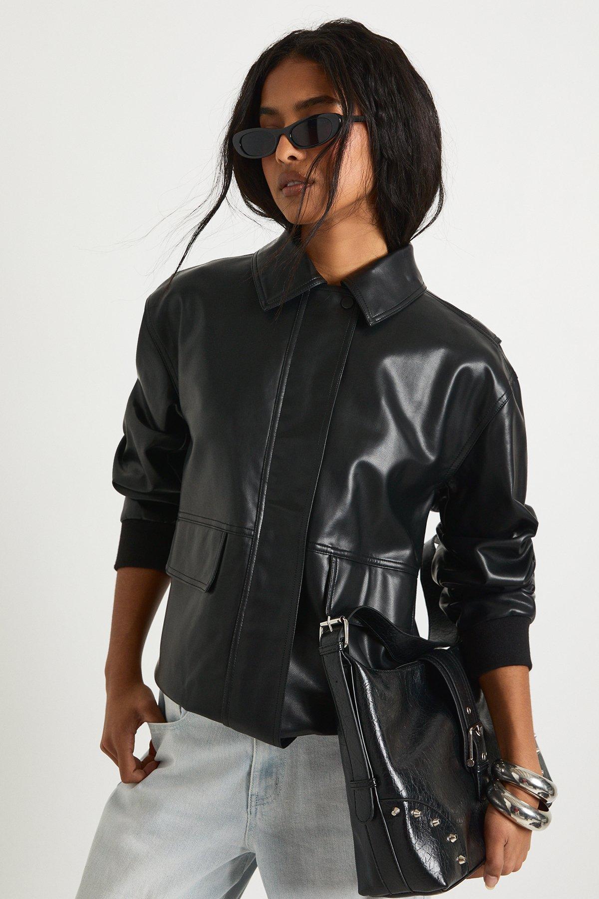 Image of Faux Leather Bomber Jacket, Nero