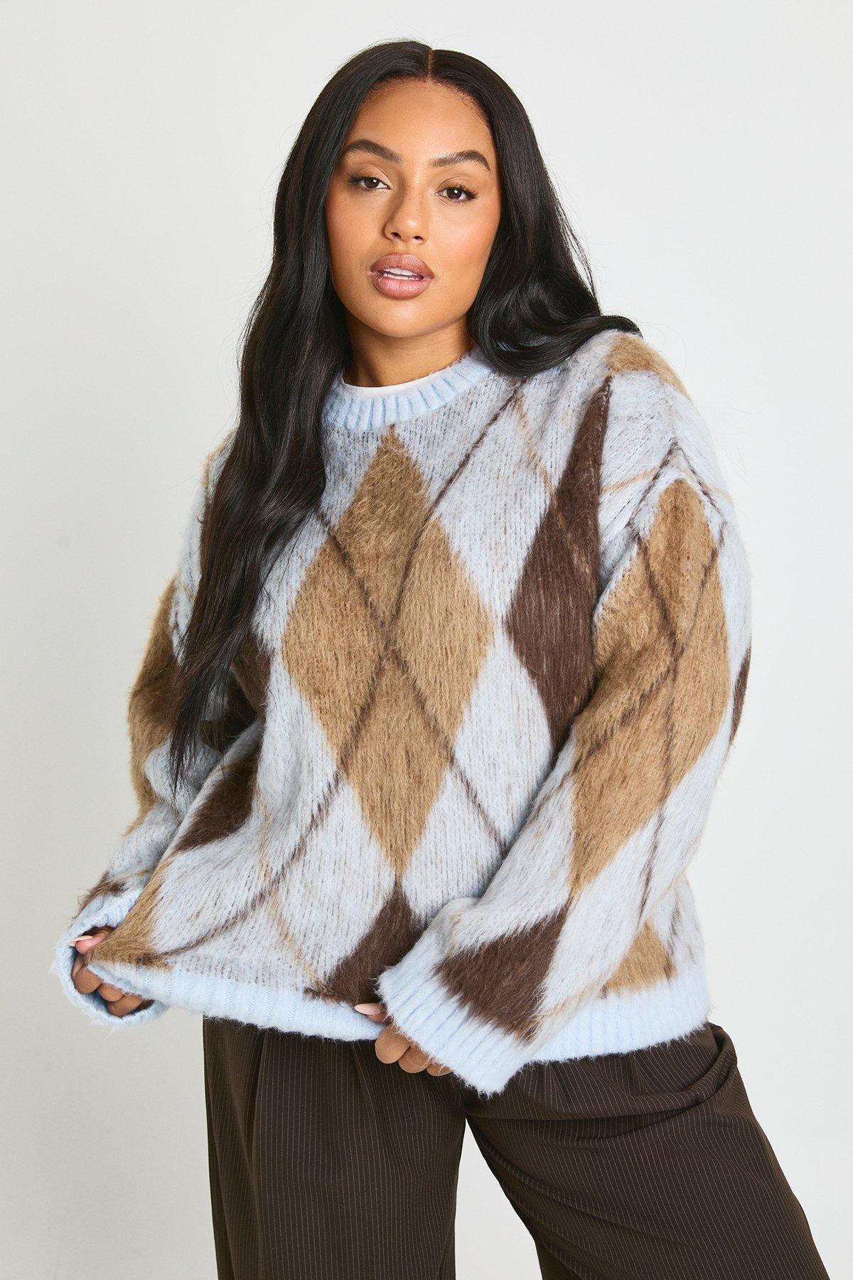 Image of Plus Brushed Argyle Oversized Jumper, Azzurro