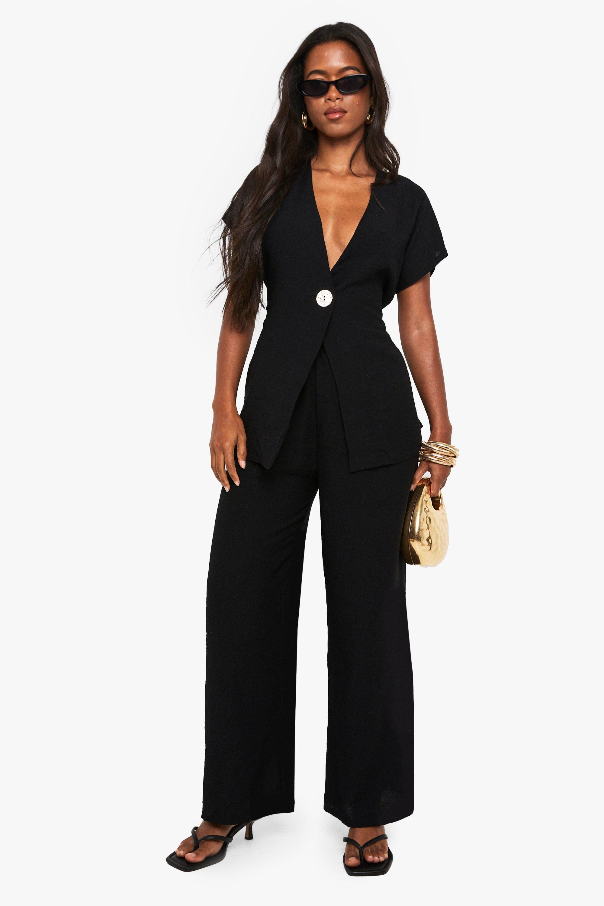 Image of Linen Look Button Detail Top and Wide Leg Trouser Co-ord, Nero