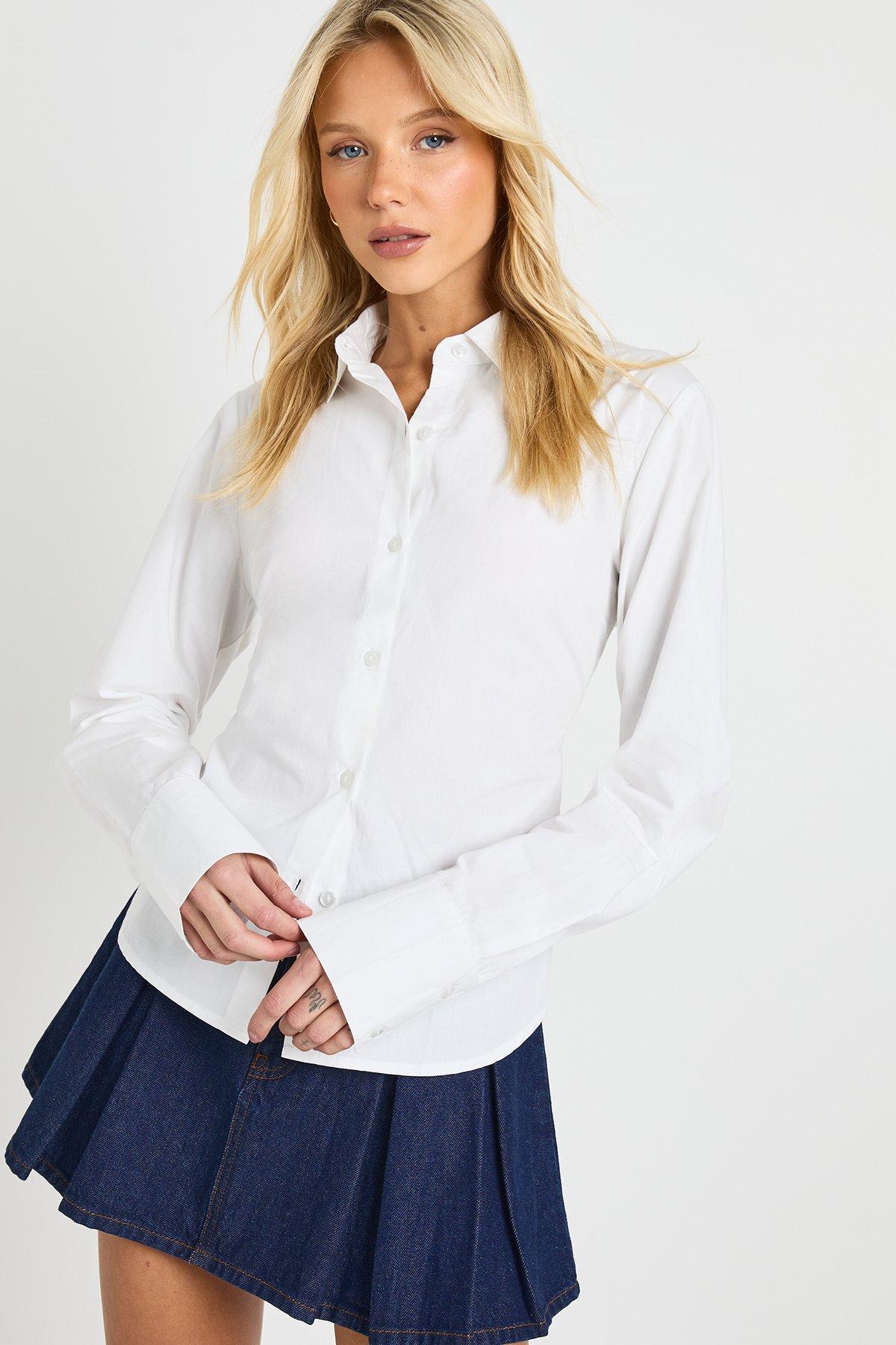 Image of Cotton Poplin Cinched Fitted Shirt, Bianco