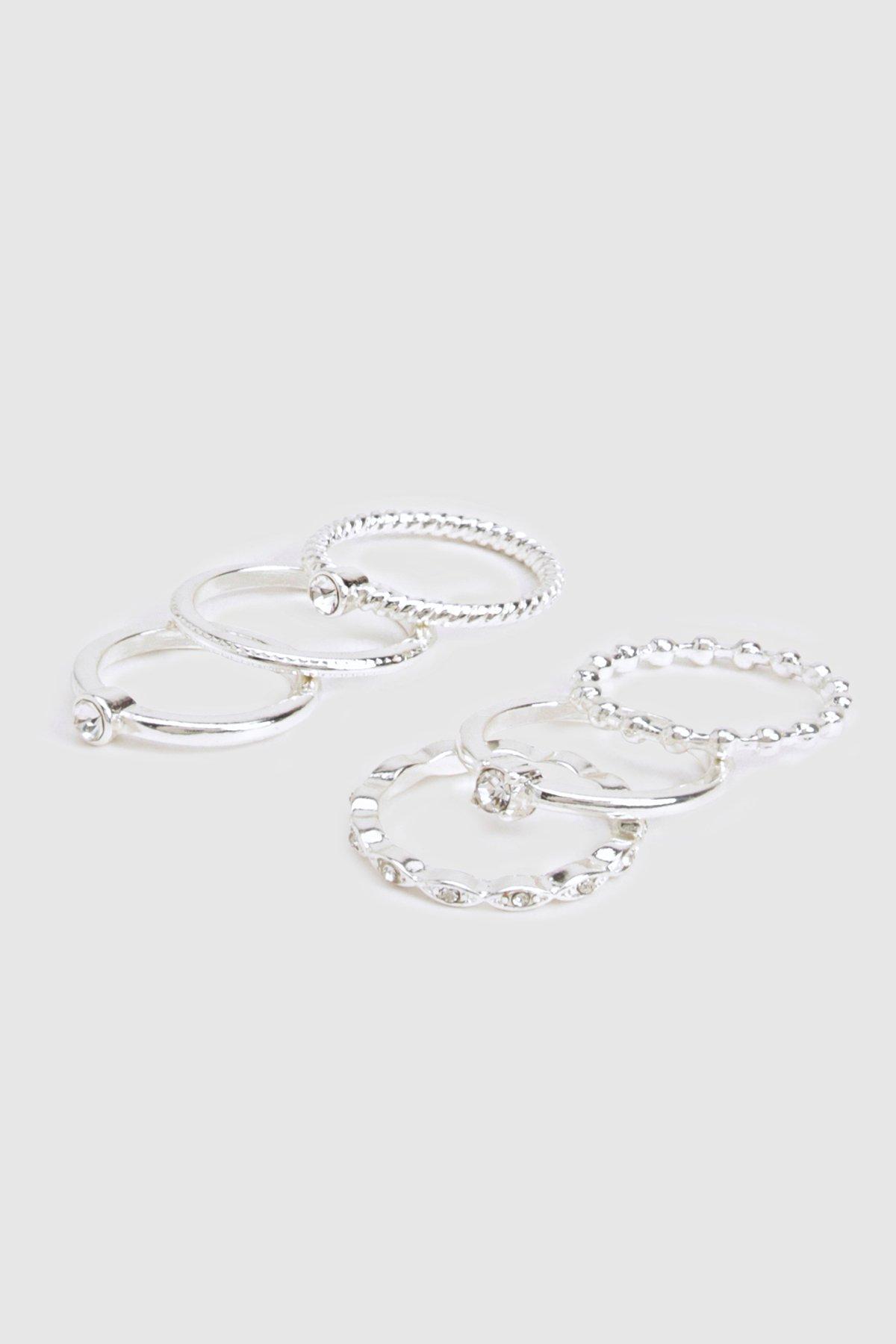 Image of Diamante Detail 6 Pack Rings, Grigio