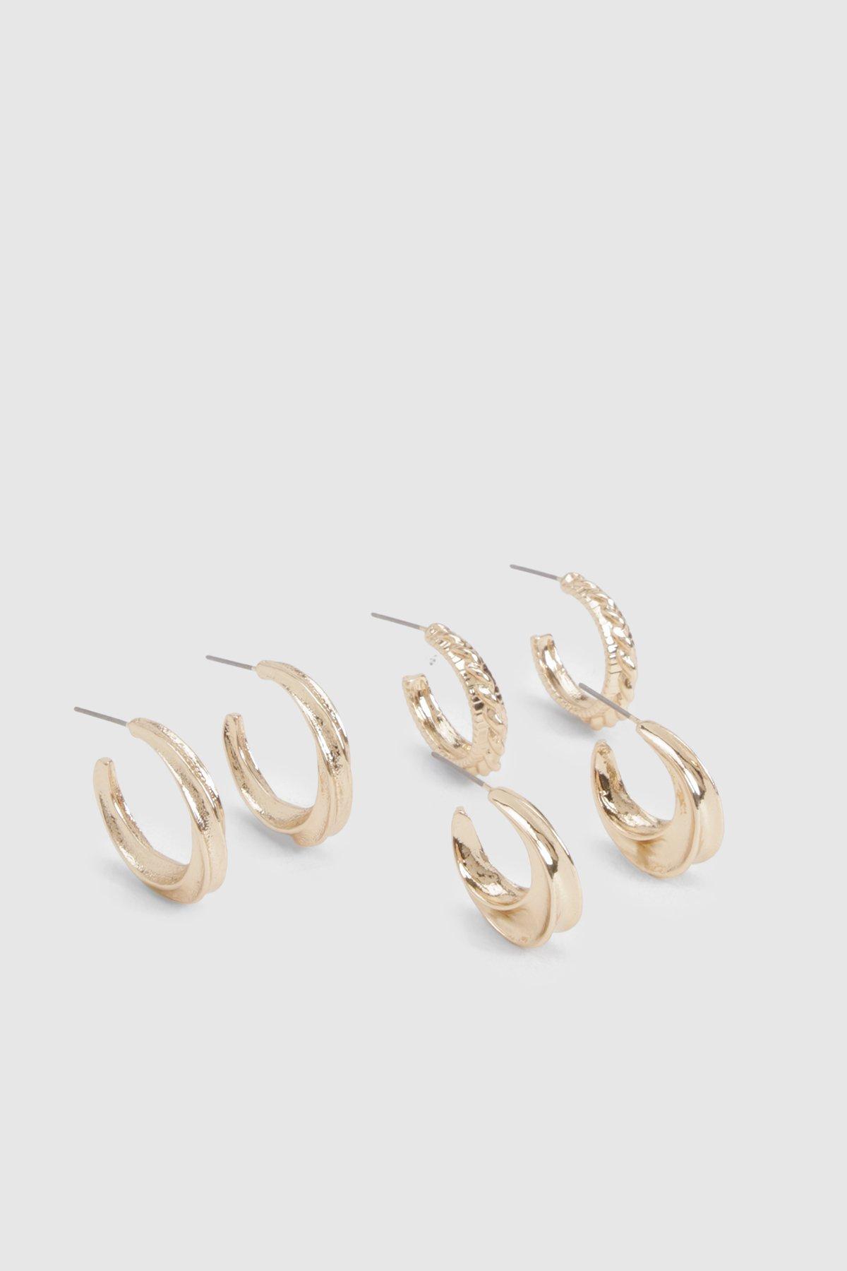 Image of Embossed Detail 3 Pack Hoop Earrings, Metallics