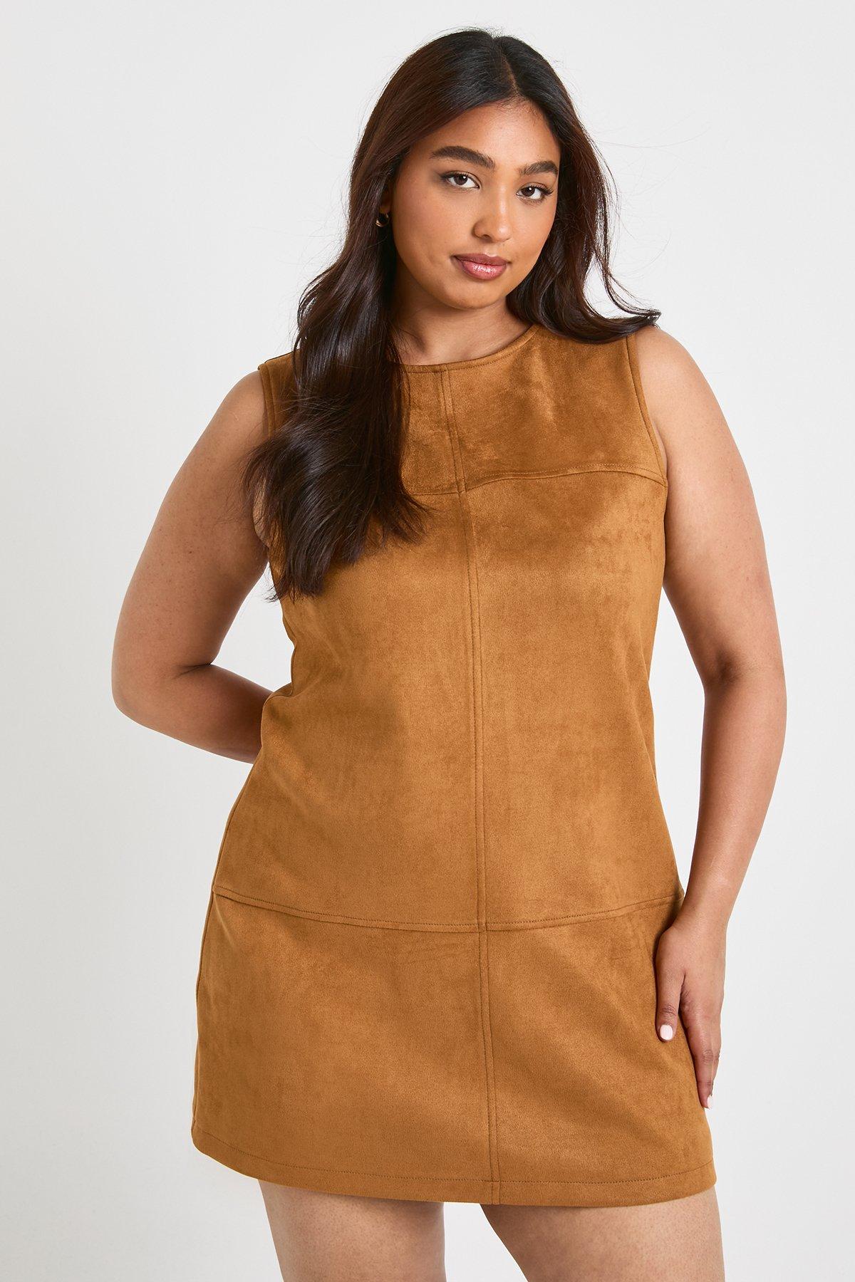 Image of Plus Faux Suede A Line Mini Dress, Brown