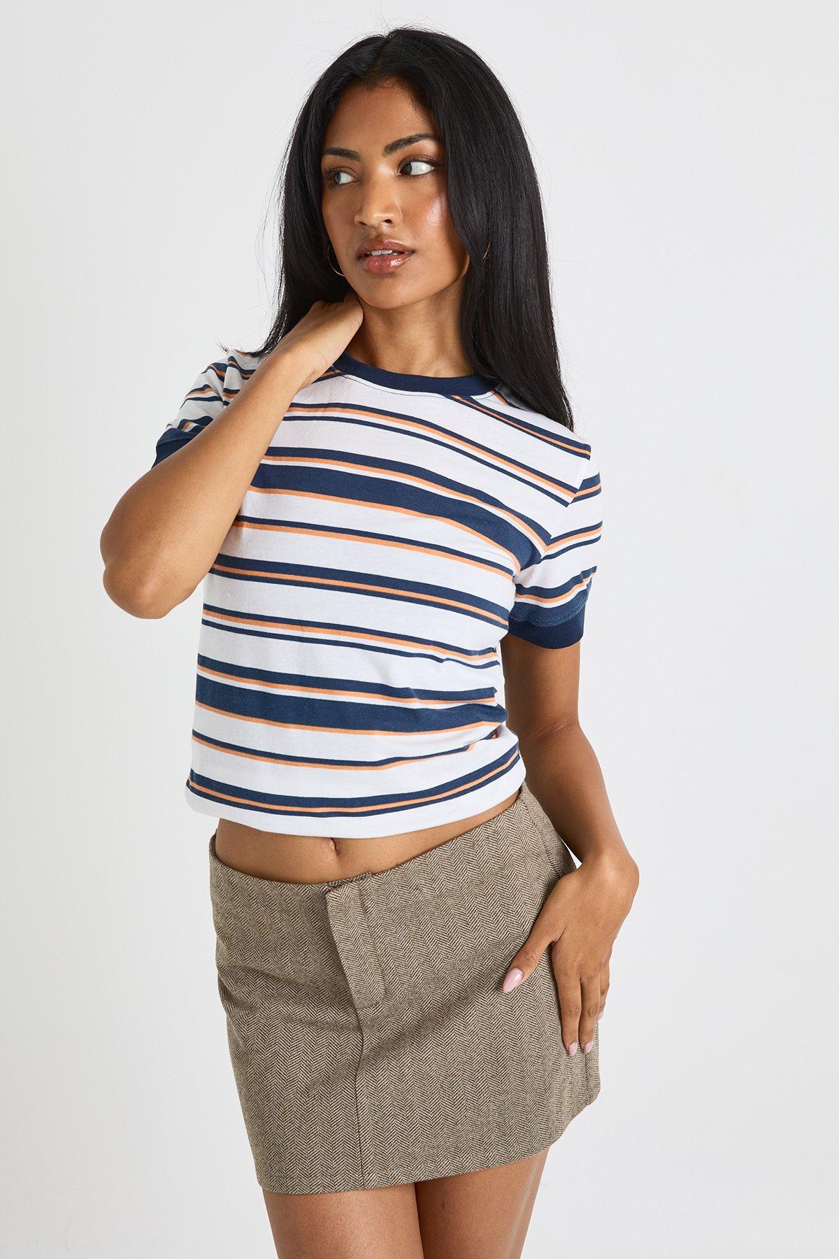 Image of Striped Baby T-Shirt With Contrast Neck Binding, Azzurro