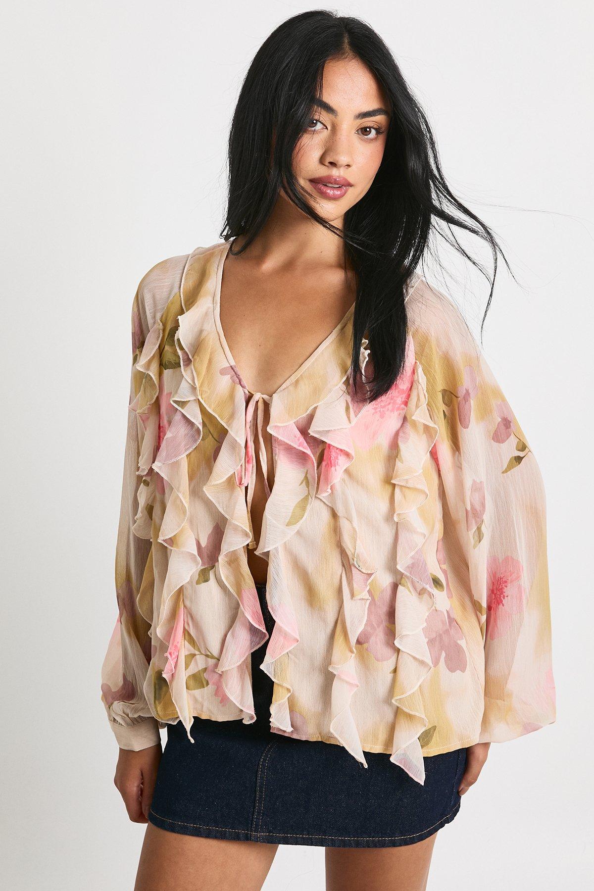 Image of Floral Chiffon Ruffle Blouse, Bianco