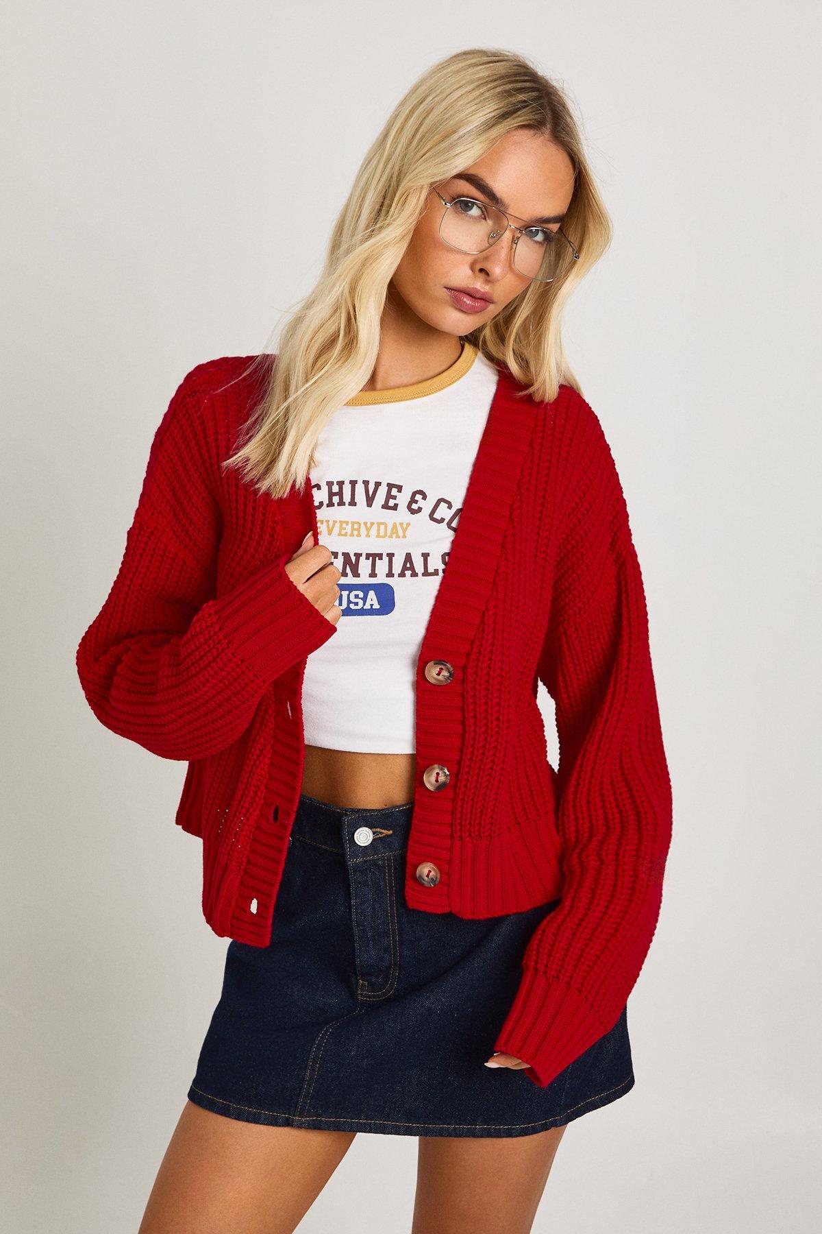 Image of Chunky Knit Cropped Cardigan, Rosso