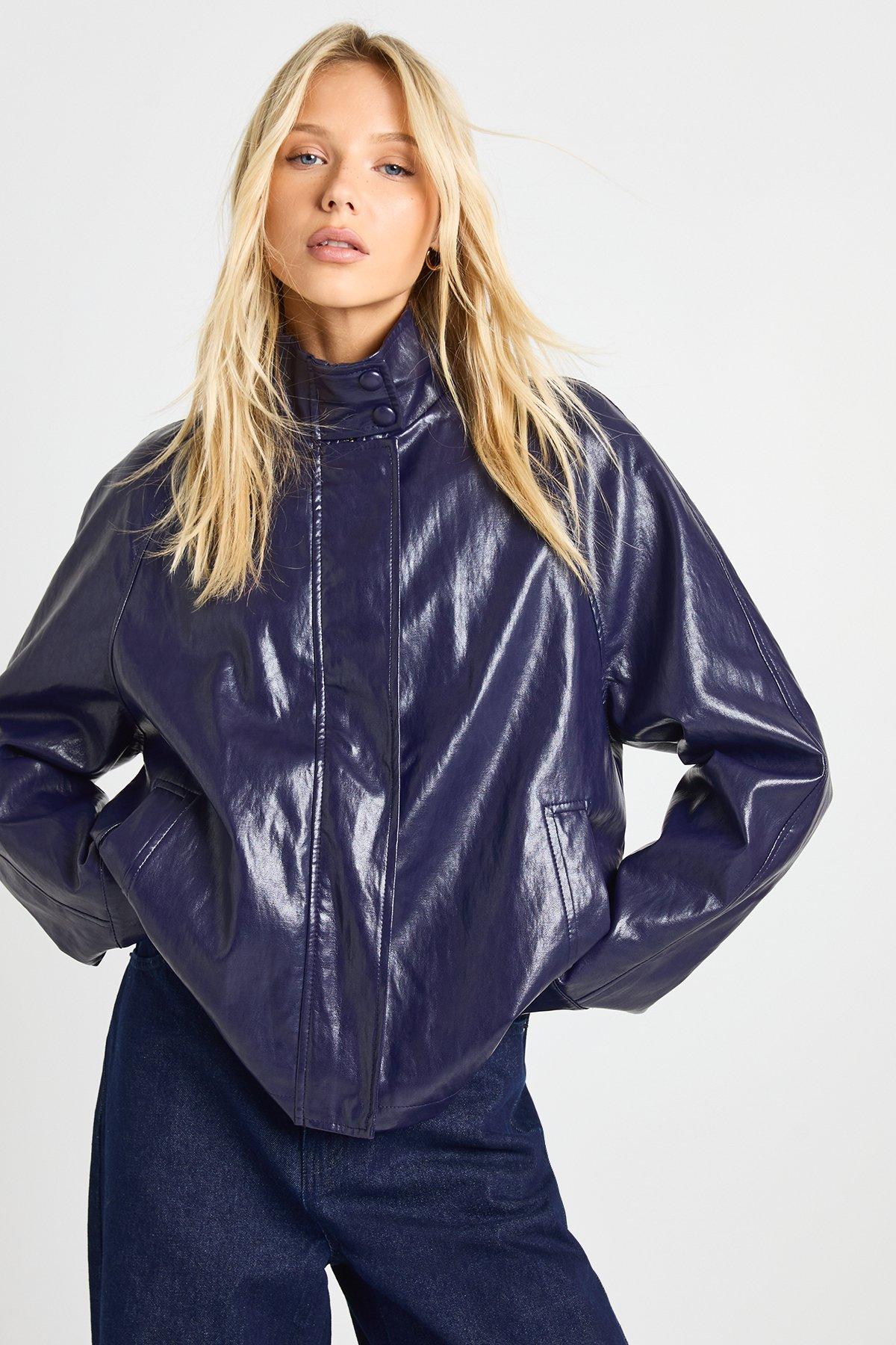 Image of Faux Leather Funnel Neck Bomber Jacket, Navy