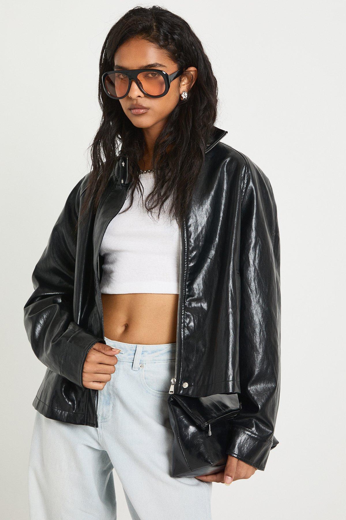Image of Soft Touch Funnel Neck Faux Leather Bomber Jacket, Nero