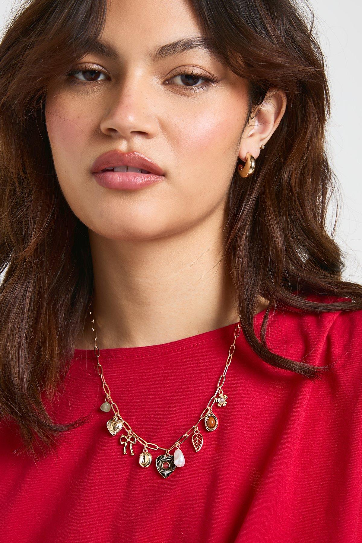 Image of Stone Detail Charm Necklace, Metallics