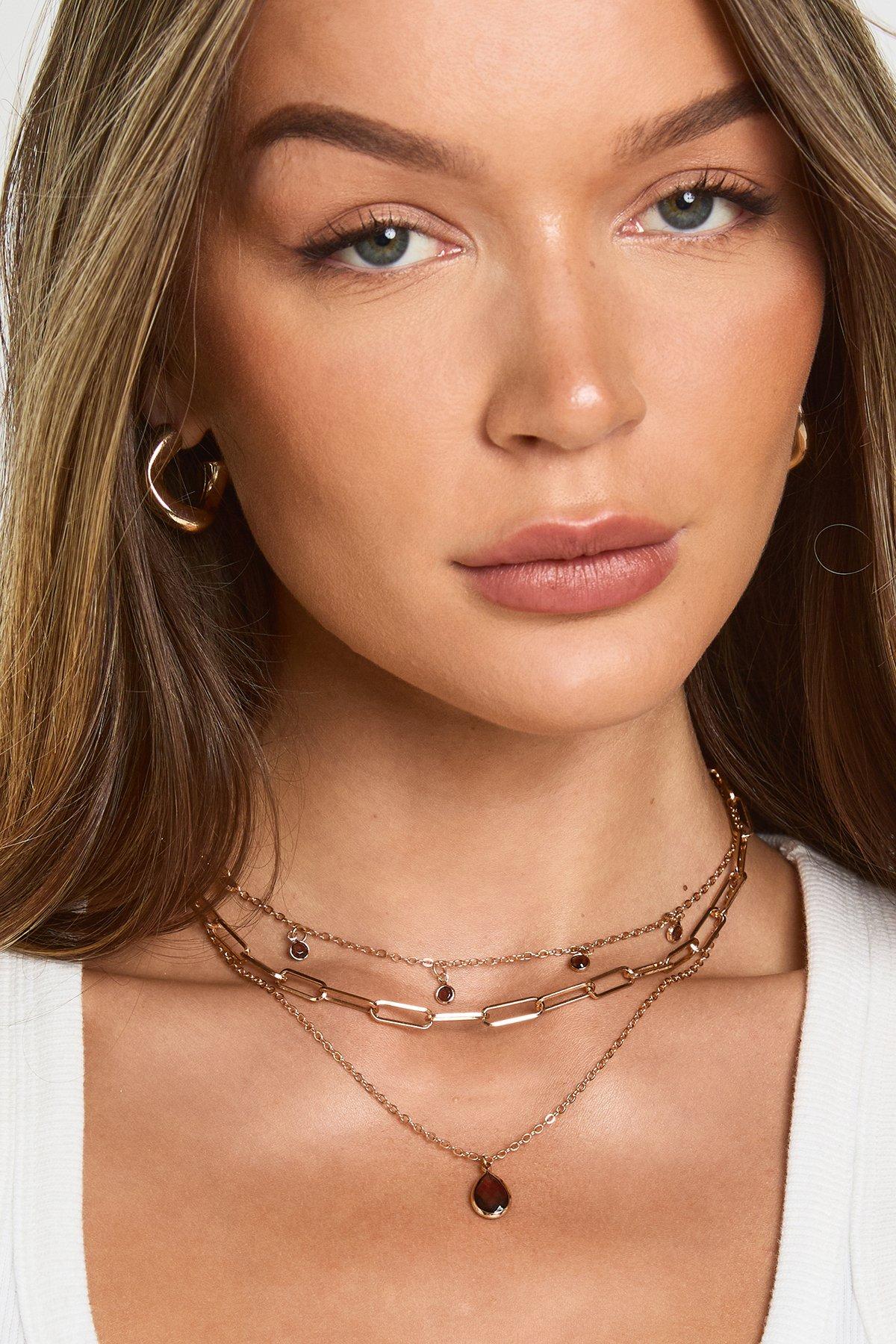 Image of Gemstone 3 Layered Necklace, Metallics