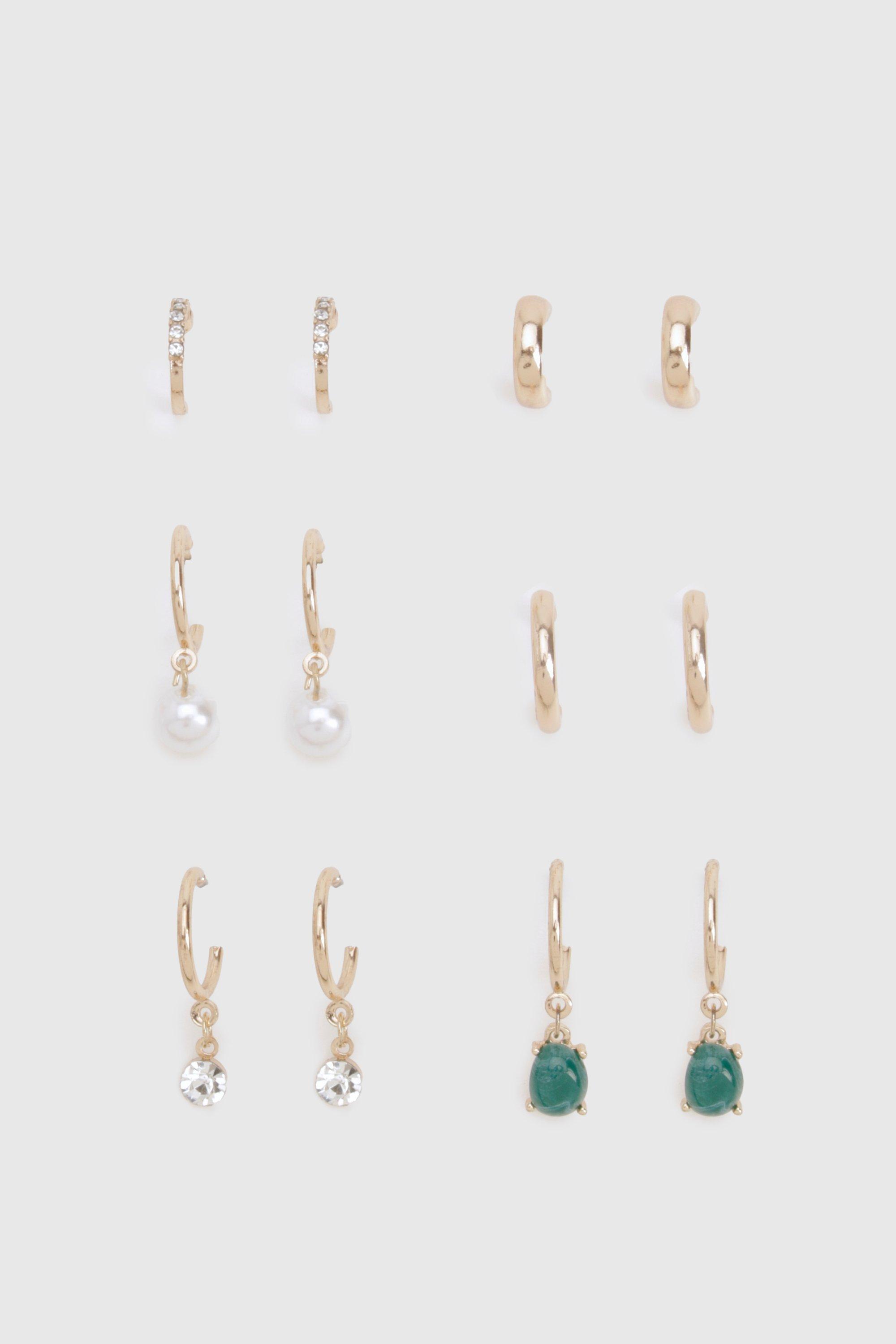 Image of Emerald Stone Hoop Earrings 6 Pack, Verde