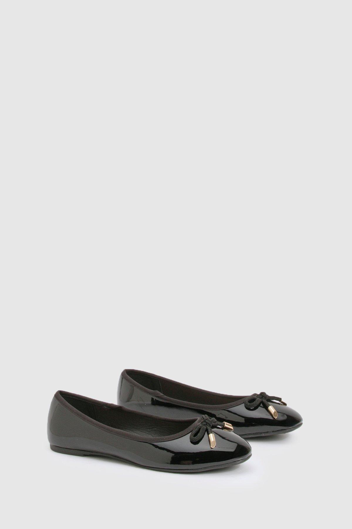 Image of Wide Fit Bow Detail Patent Ballet Pumps, Nero