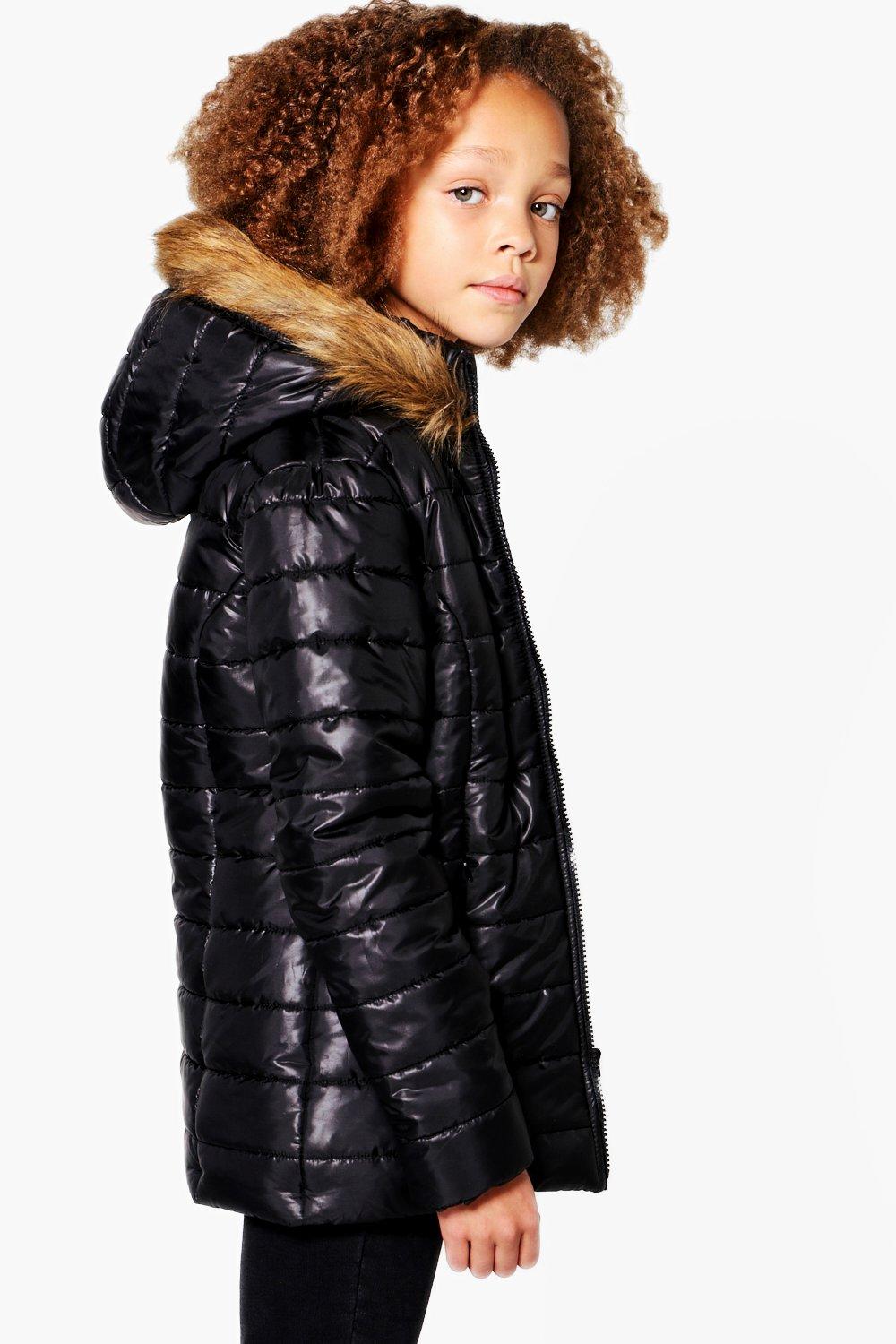 girls black fur hood coat