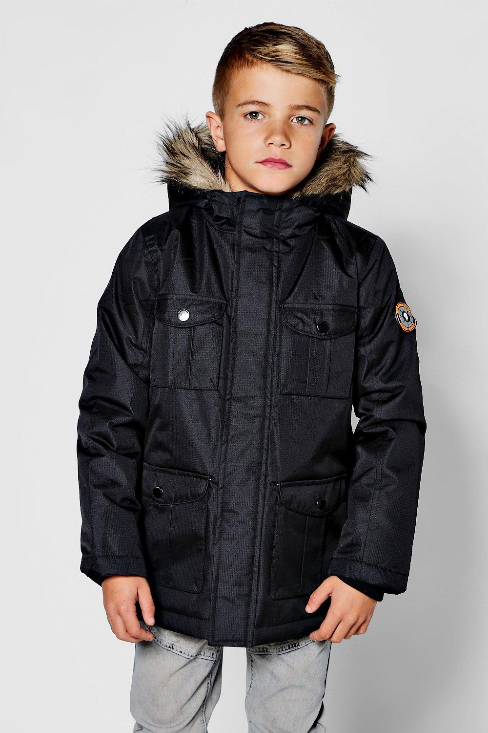 boys faux fur hooded parka jacket