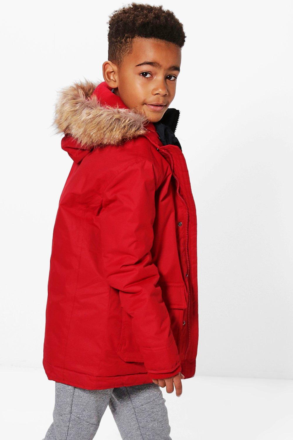 red padded coat with fur hood