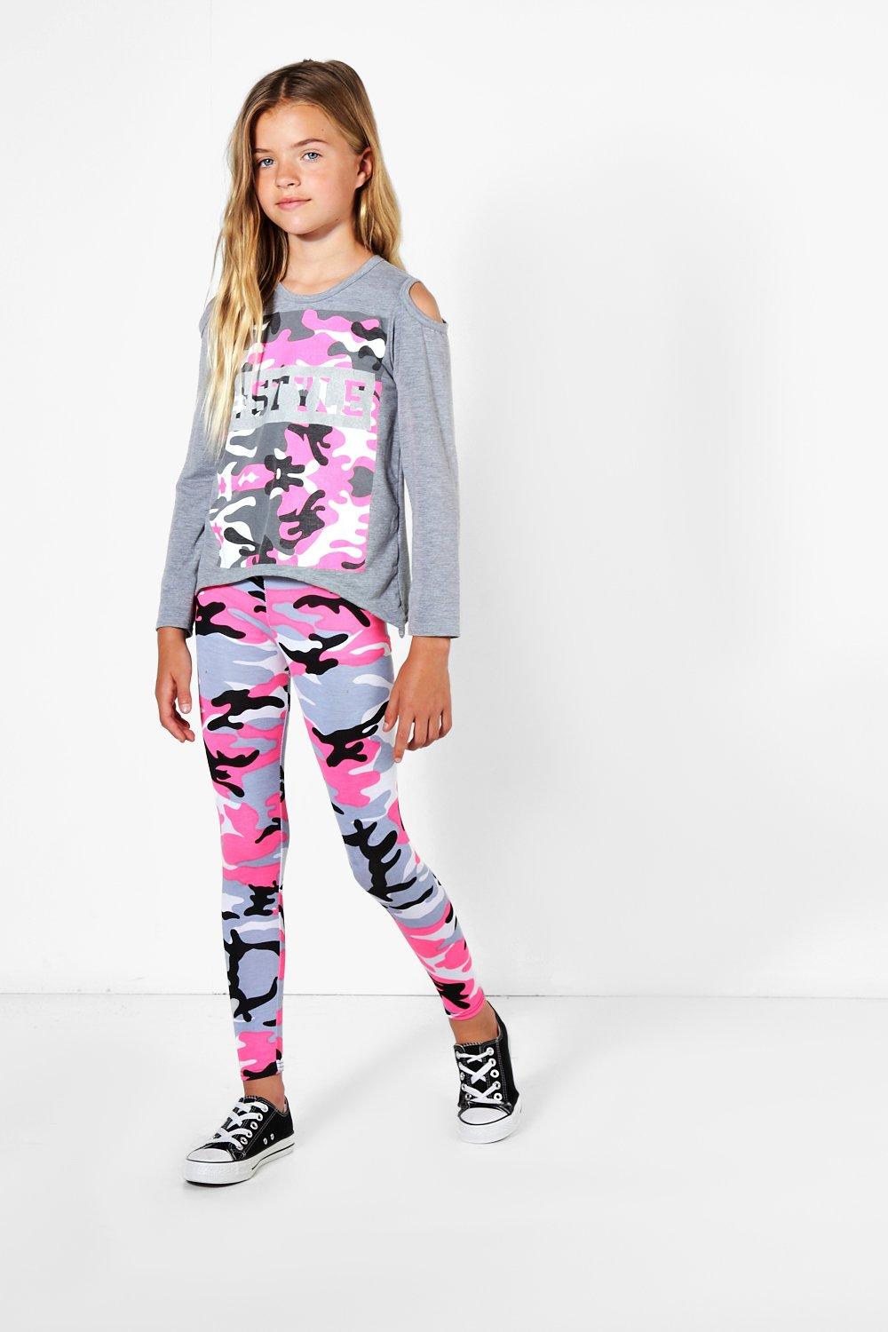 Boohoo Kids Girls Cold Shoulder Camo Print Tee And Legging Set | eBay